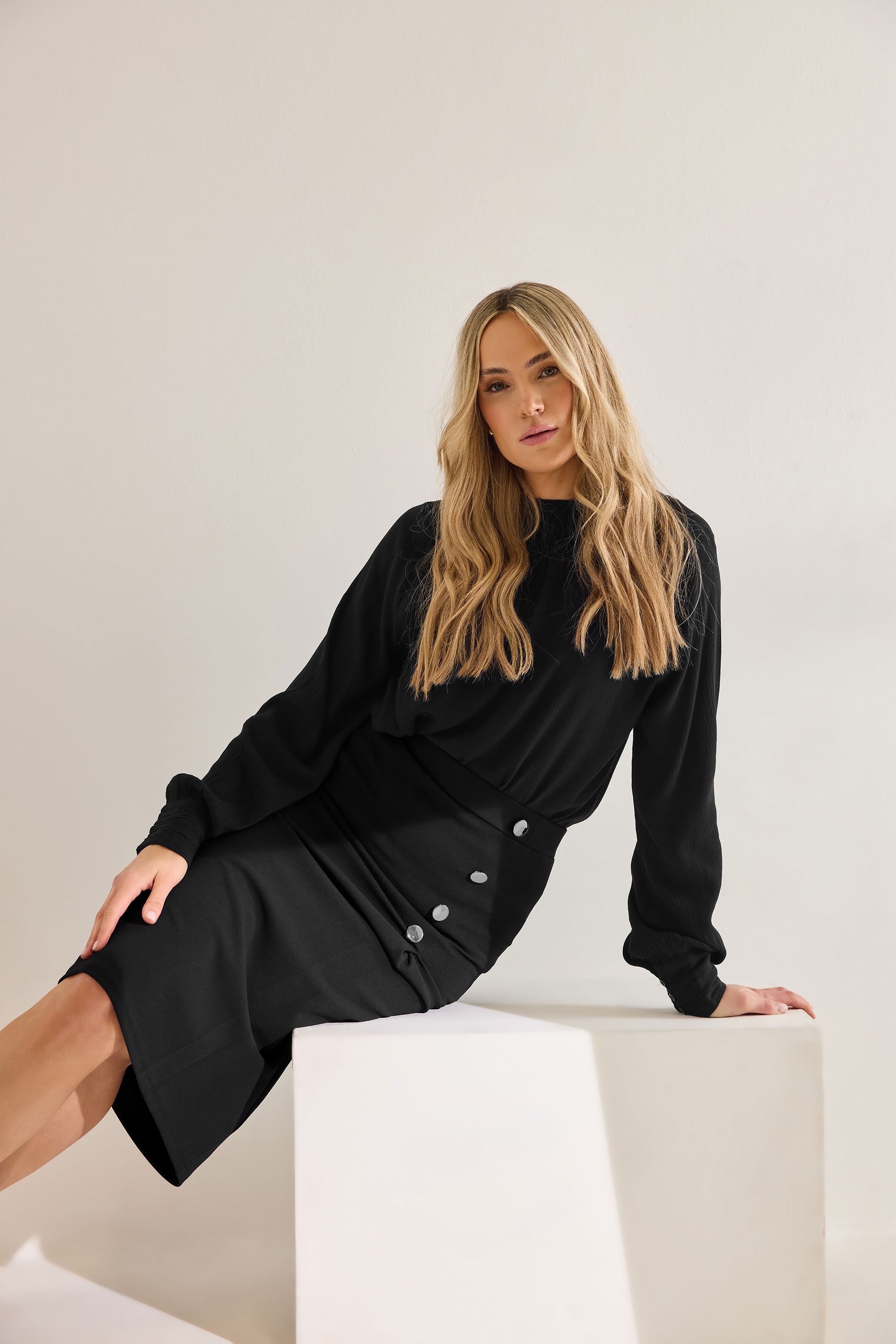 LTS Tall Black Tailored Button Midi Skirt | Long Tall Sally 1