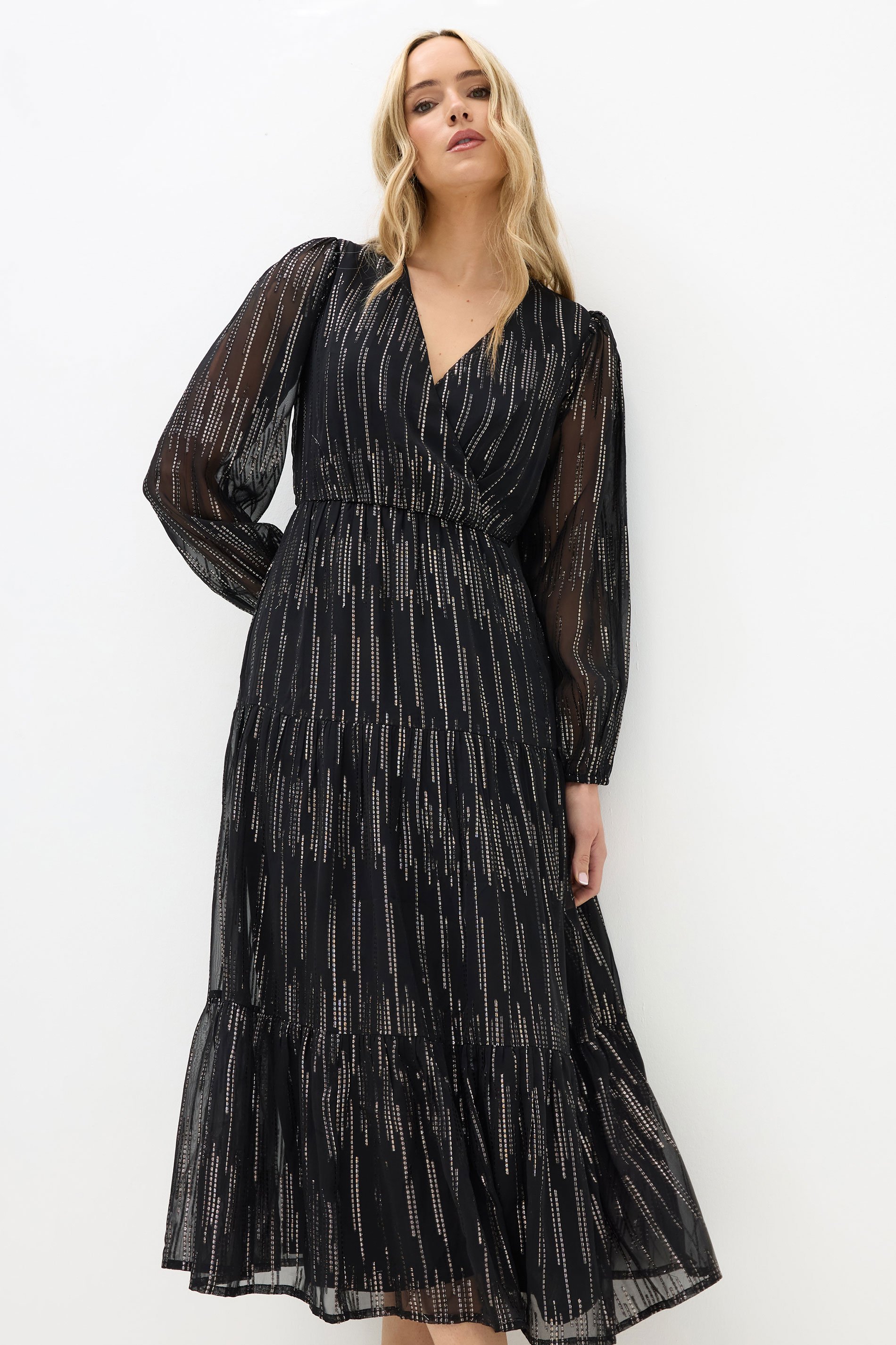 LTS Tall Black Metallic Dash Tiered Midaxi Dress | Long Tall Sally 2