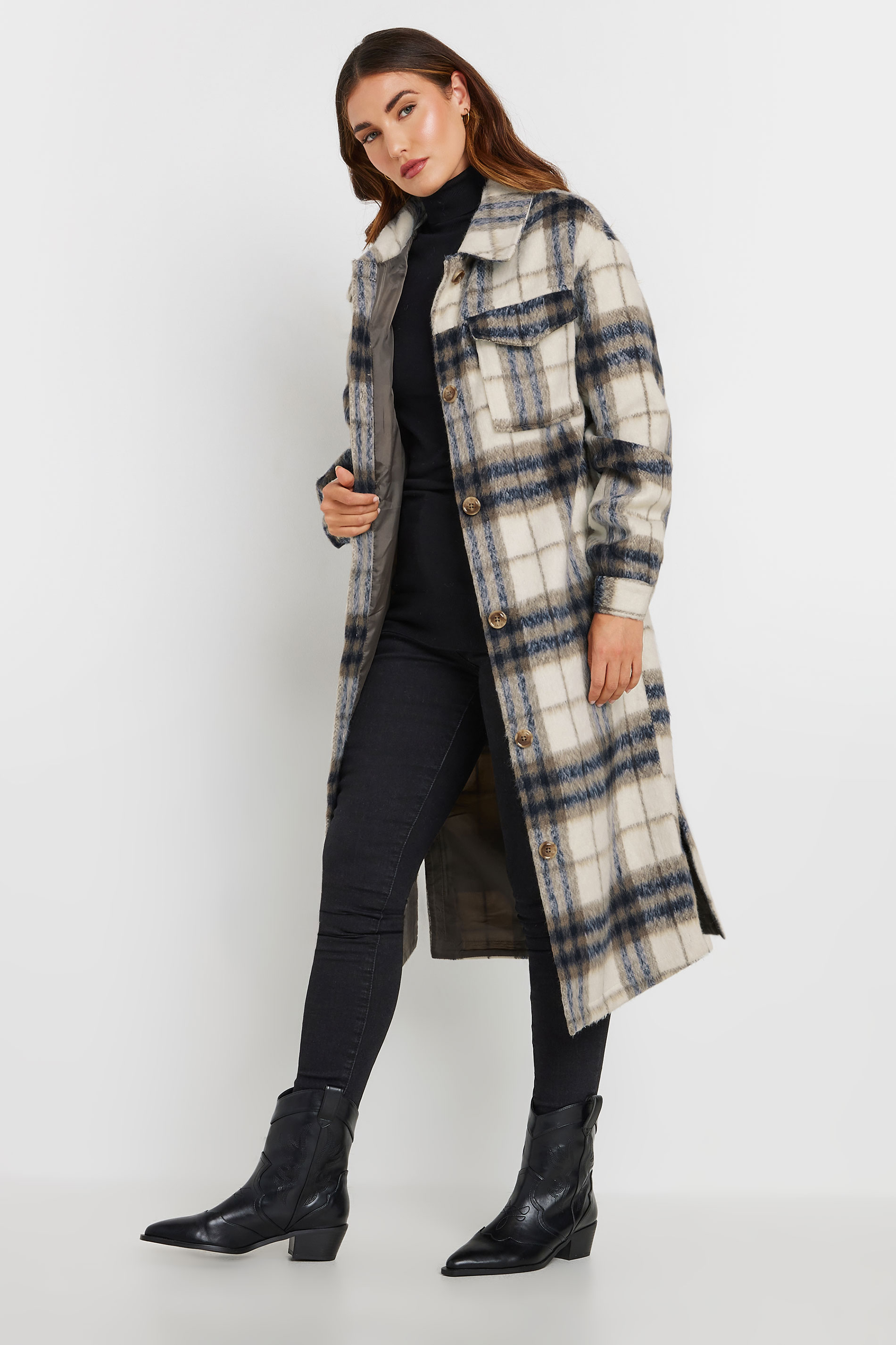 LTS Tall Blue Blurred Check Print Longline Shacket | Long Tall Sally 1
