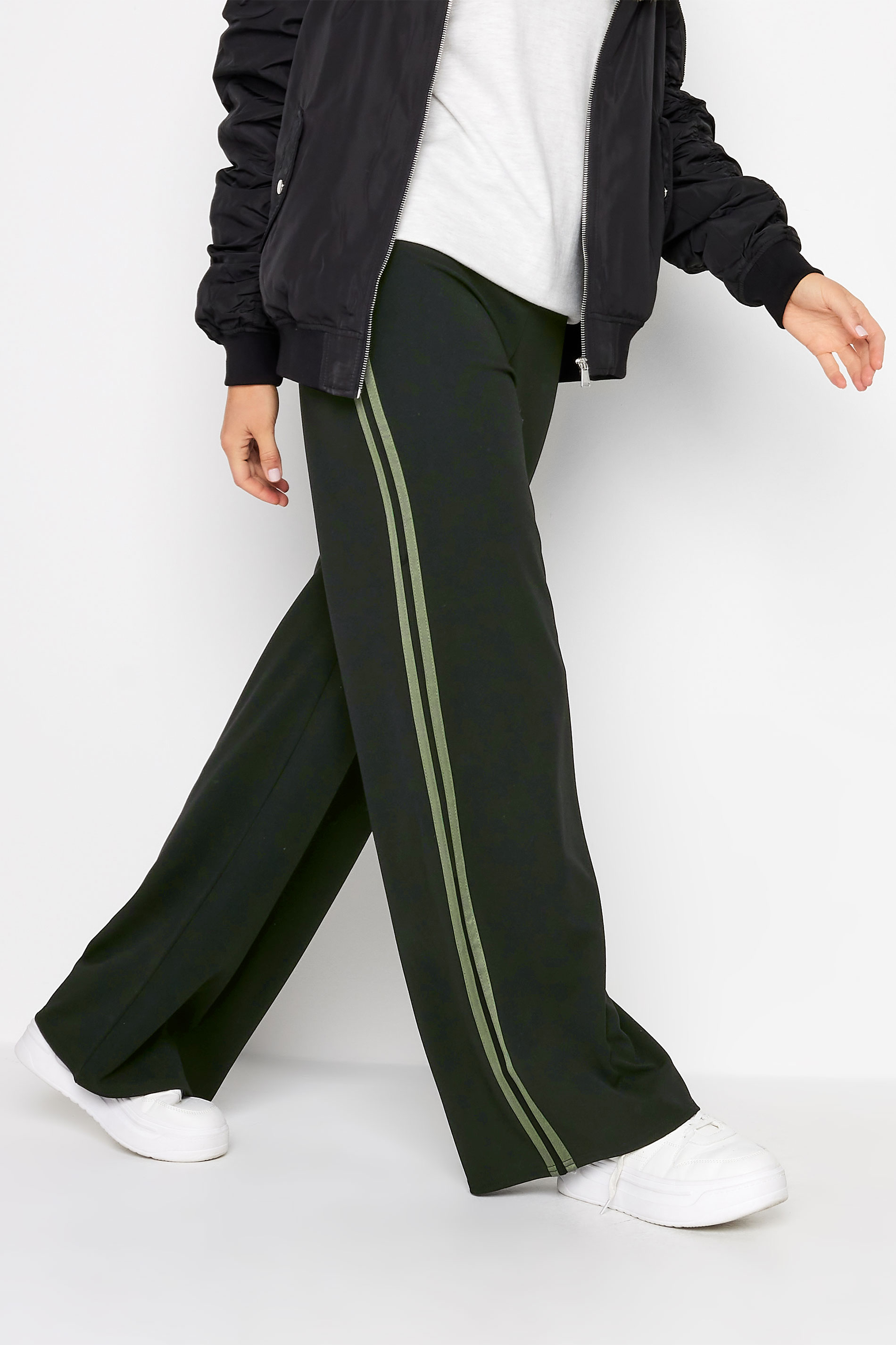 LTS Tall Black & Khaki Green Stripe Wide Leg Trousers | Long Tall Sally  1