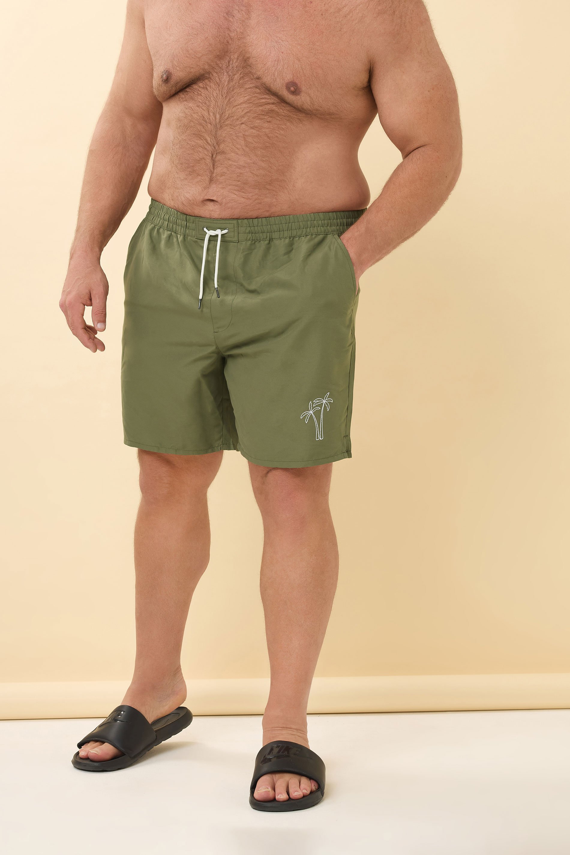 BadRhino Big & Tall Khaki Green Palm Embroidered Swim Shorts |  BadRhino 2