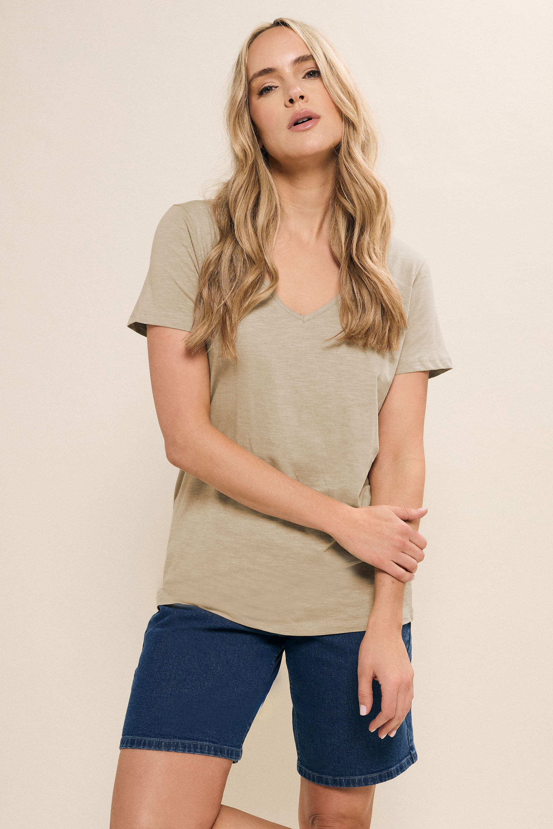 LTS Tall Women's Natural Brown V-Neck Short Sleeve T-Shirt | Long Tall Sally 1