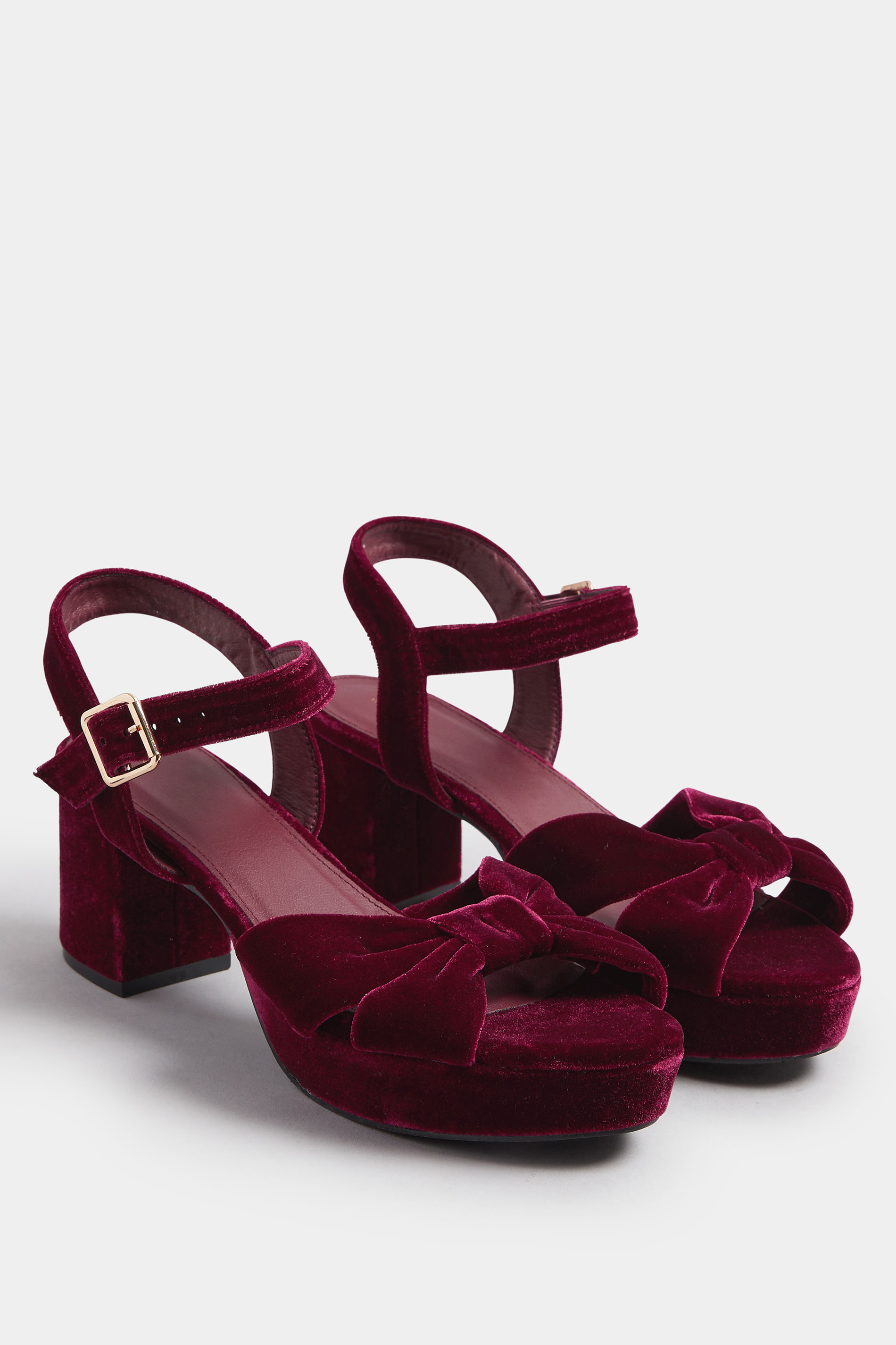 Burgundy Red Velvet Bow Strap Platform Heels In Extra Wide Fit | Yours Clothing 3