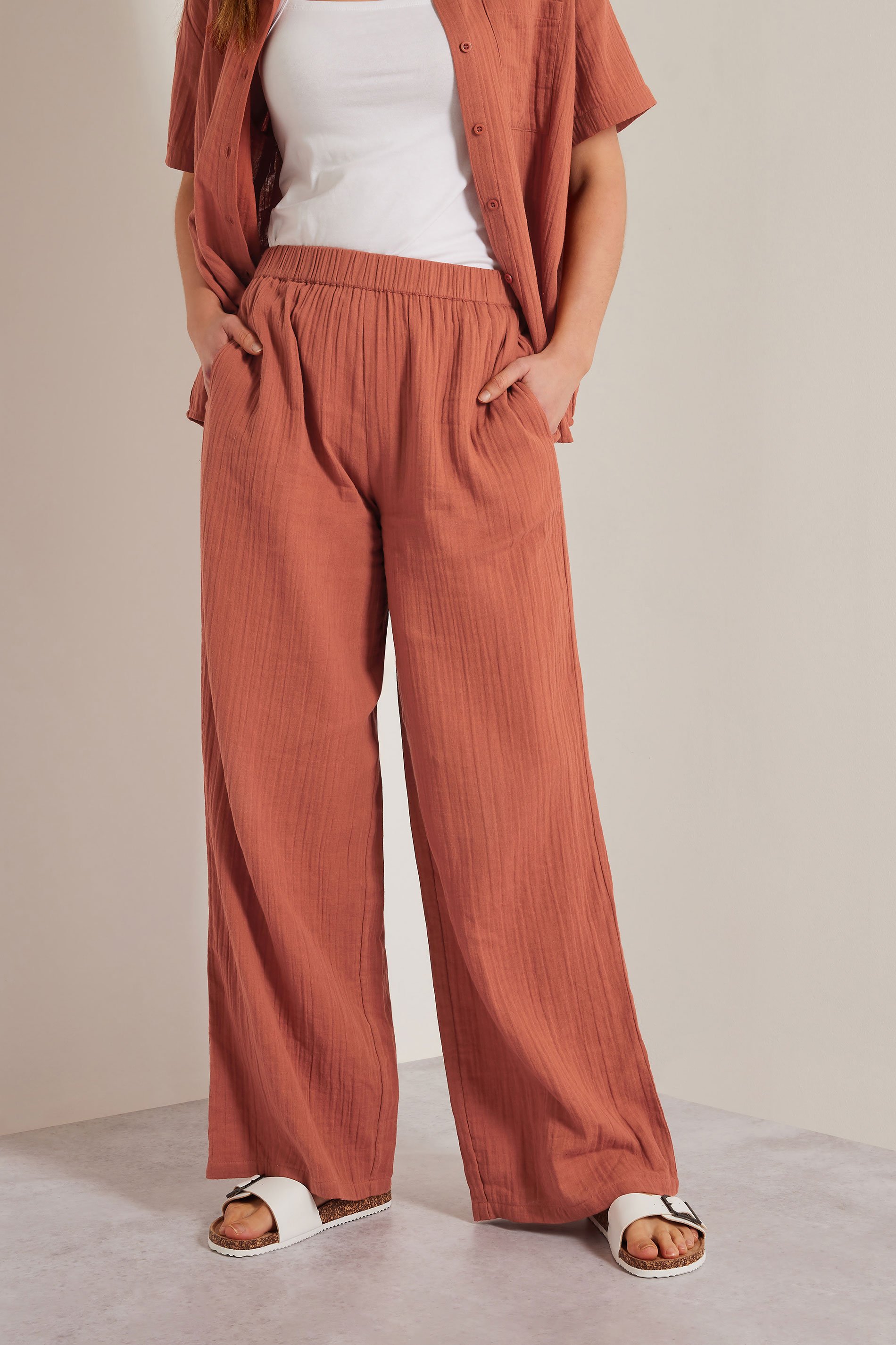 LTS Tall Rust Orange Cotton Cheescloth Wide Leg Trousers | Long Tall Sally 3