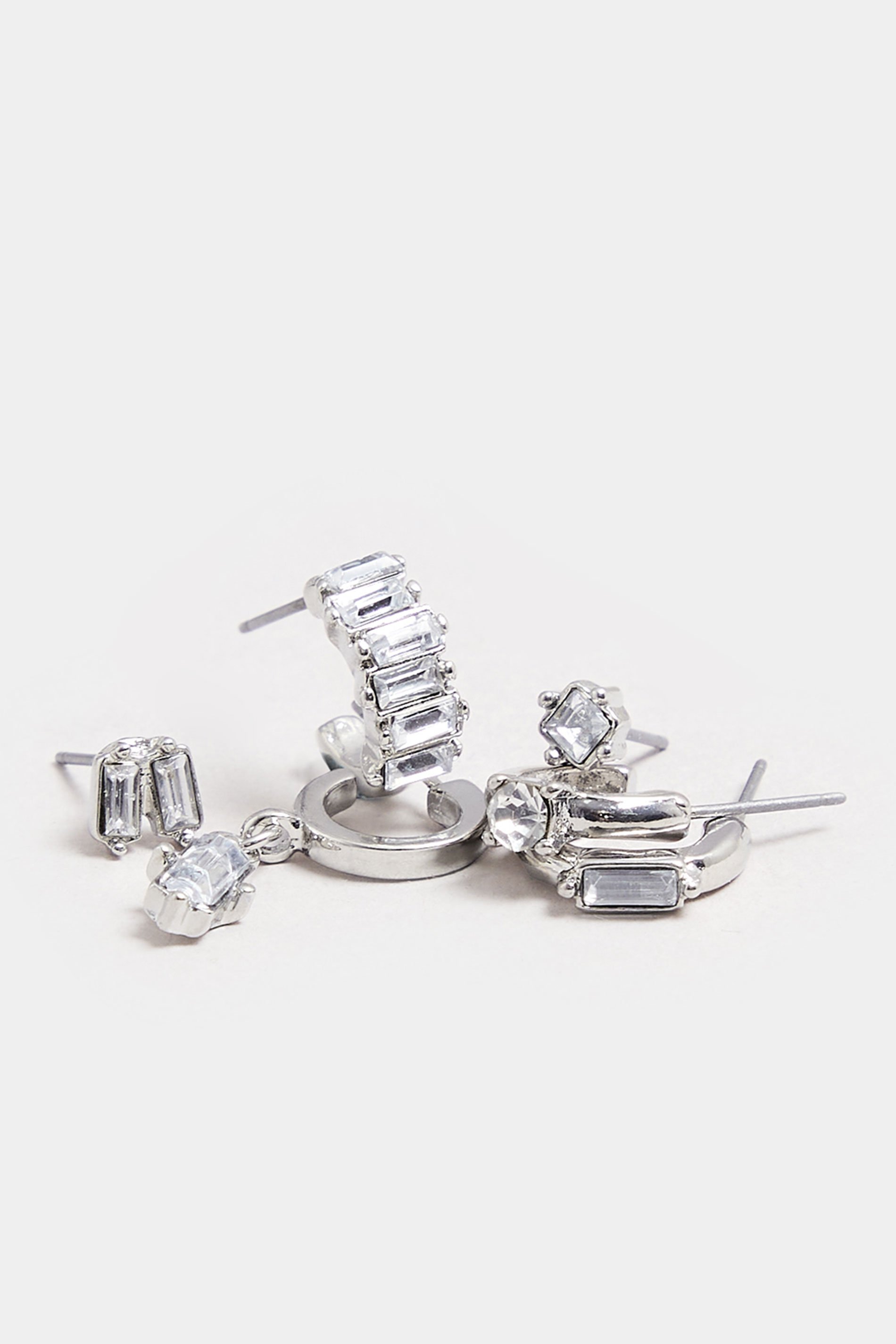 6 PACK Silver Tone Mixed Stud & Hoop Diamante Earrings | Yours Clothing 3