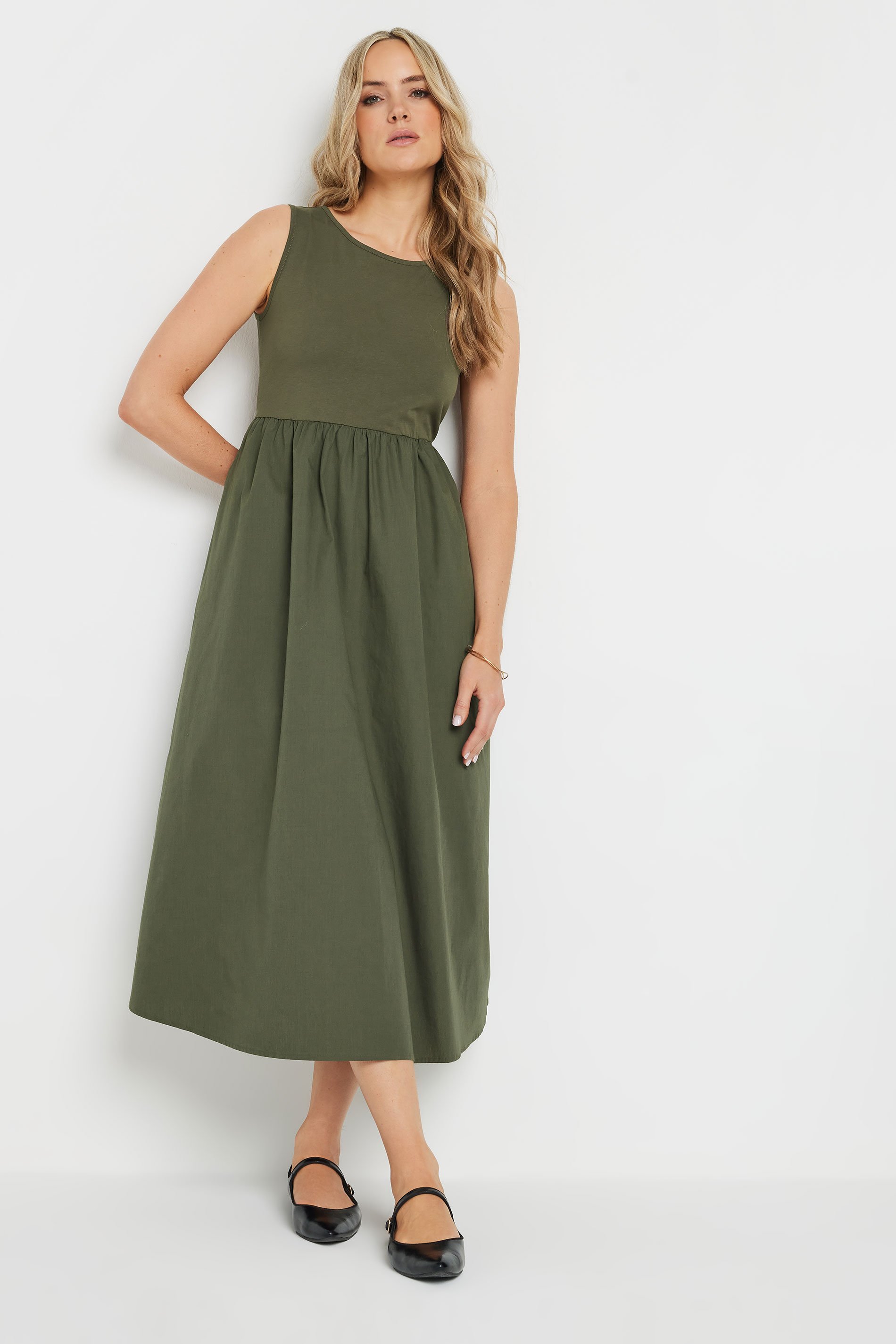 LTS Tall Khaki Green Jersey & Woven Mix Fabric Midi Dress | Long Tall Sally 3