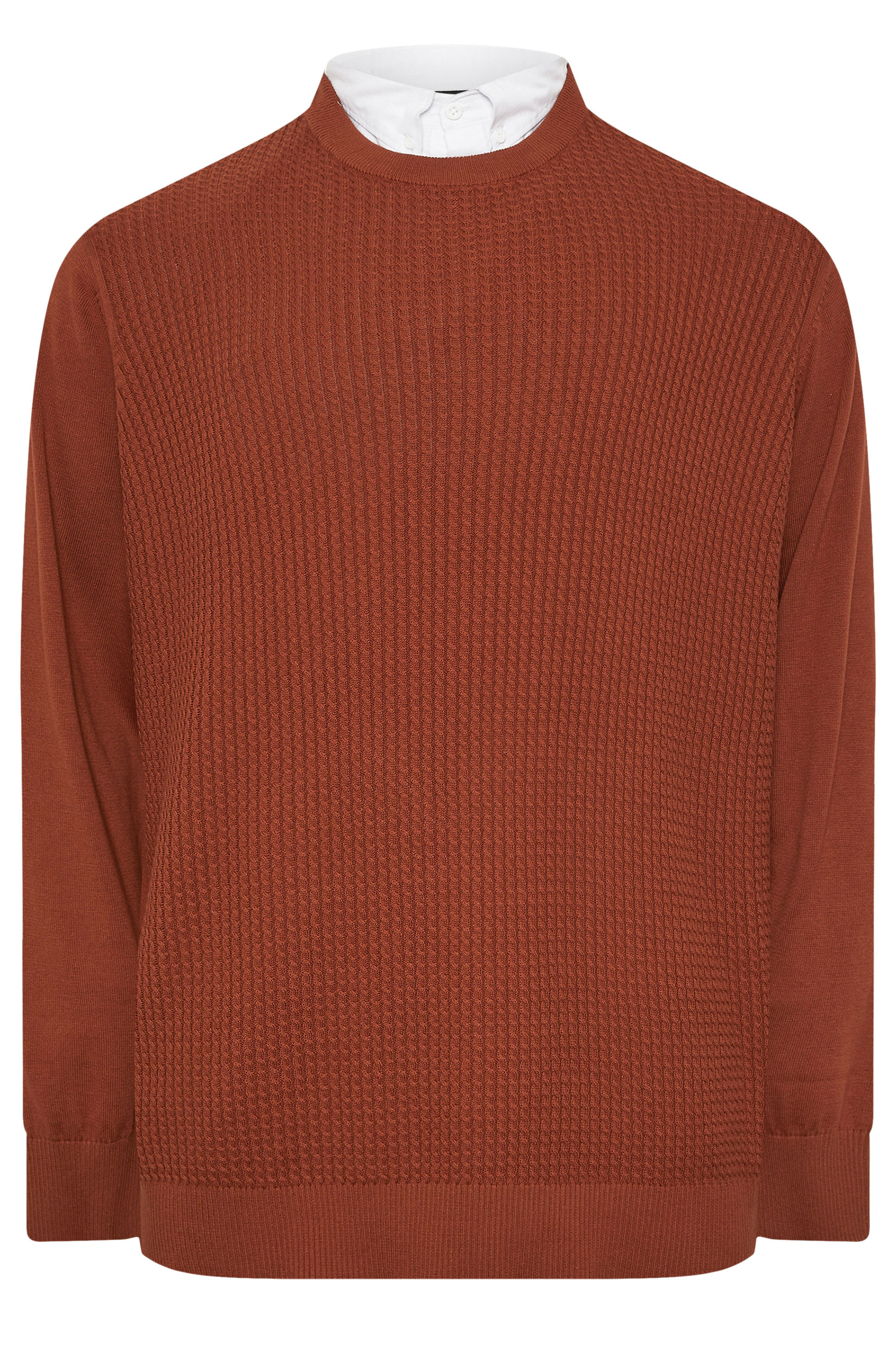 BadRhino Big & Tall Burnt Red Cable Knit Mock Shirt Jumper  5