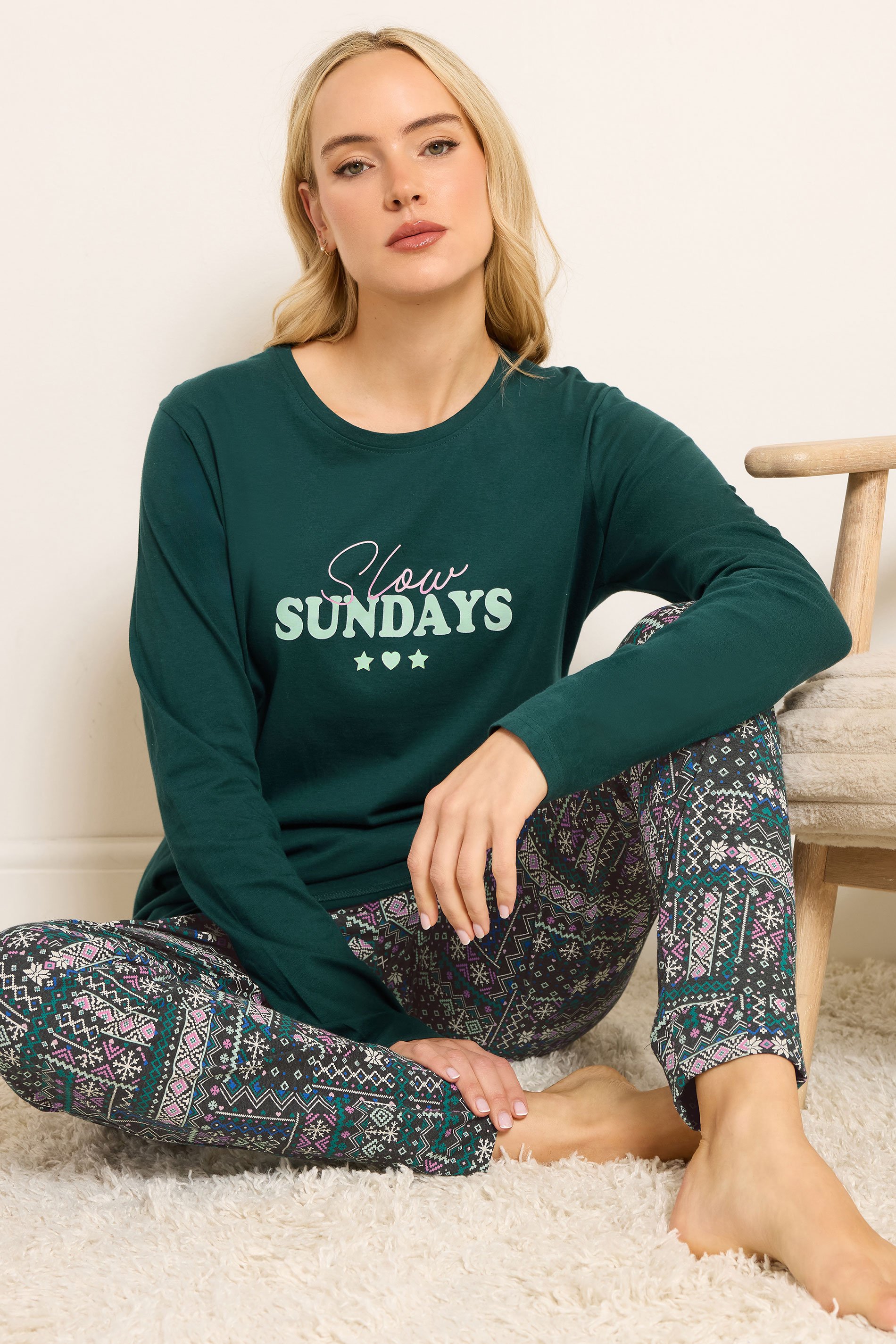 LTS Tall Green Fairisle Print Cuffed Pyjama Set | Long Tall Sally 3