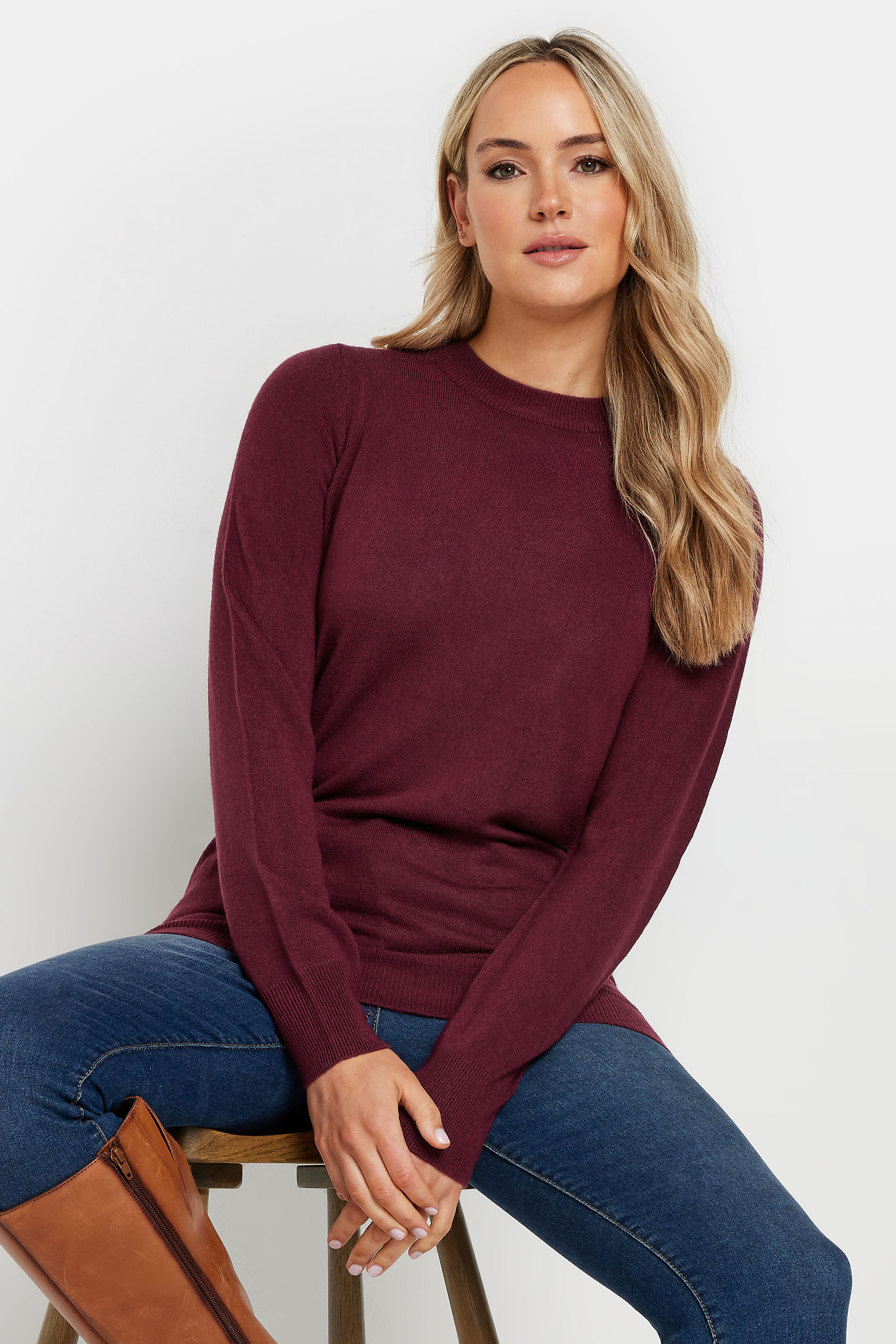 LTS Tall Burgundy Red Crew Neck Long Sleeve Jumper | Long Tall Sally 1