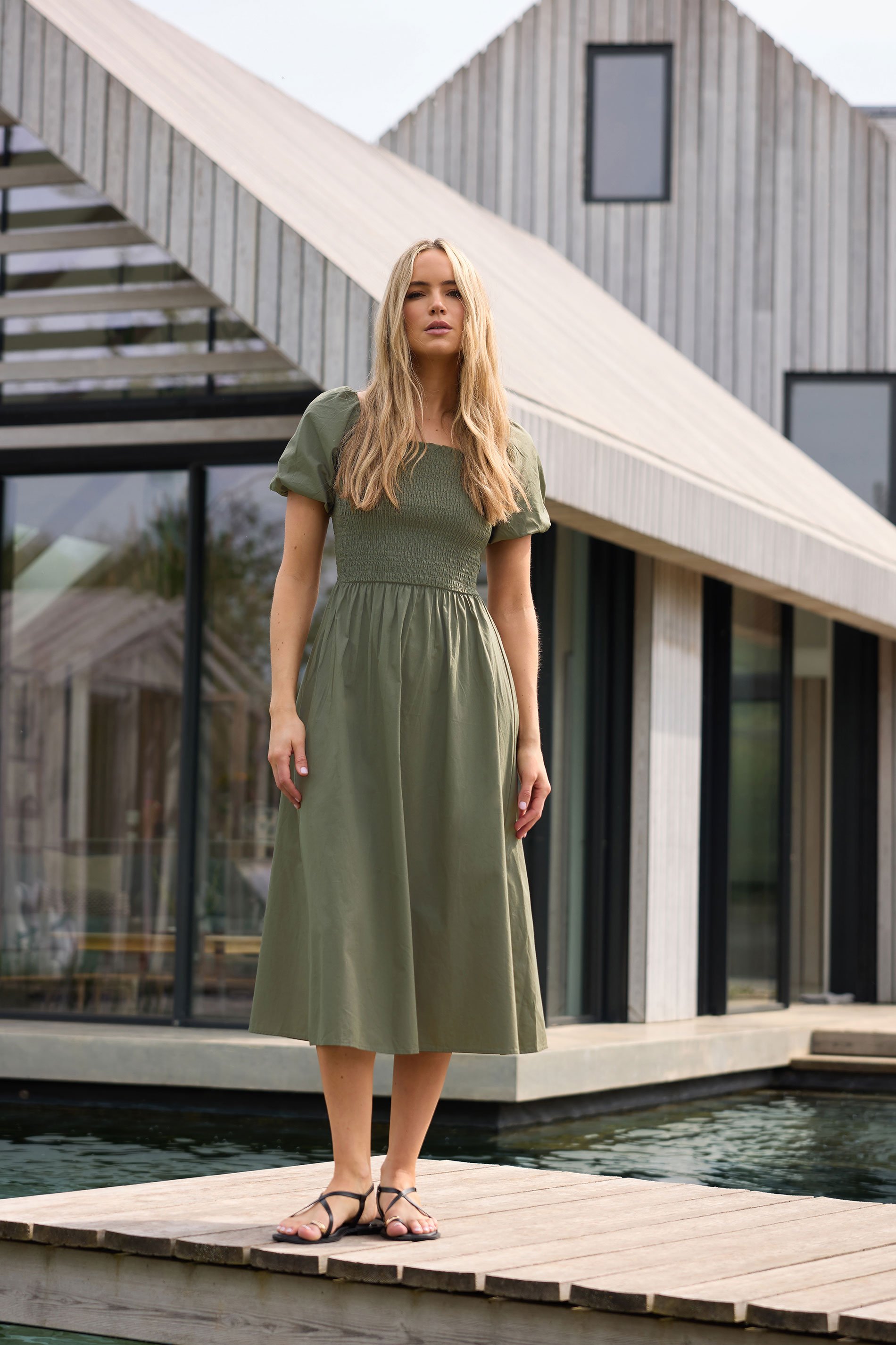 LTS Tall Khaki Green Shirred Puff Sleeve Midi Dress | Long Tall Sally 2