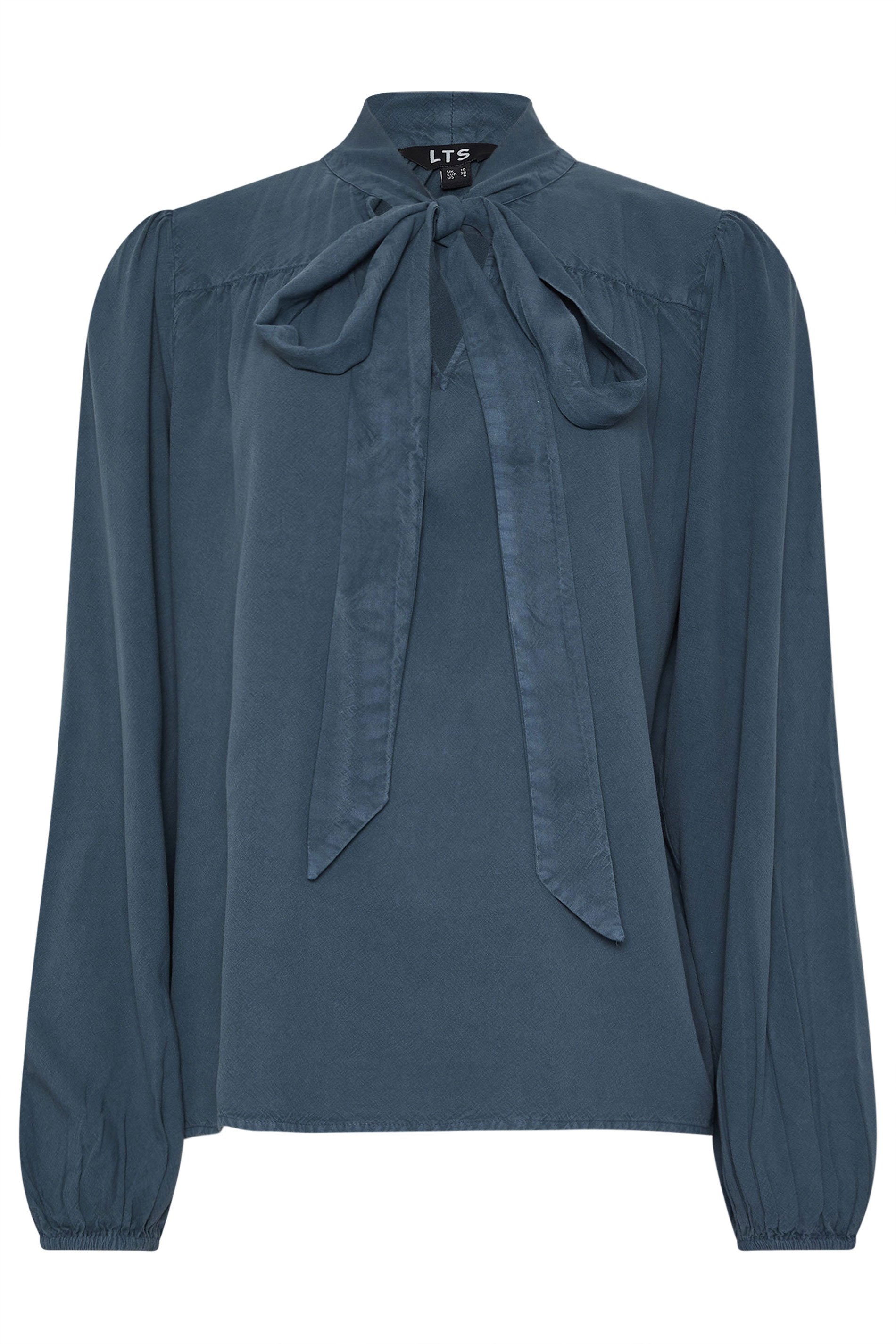 LTS Tall Indigo Blue Acid Wash Tie Neck Blouse | Long Tall Sally 5
