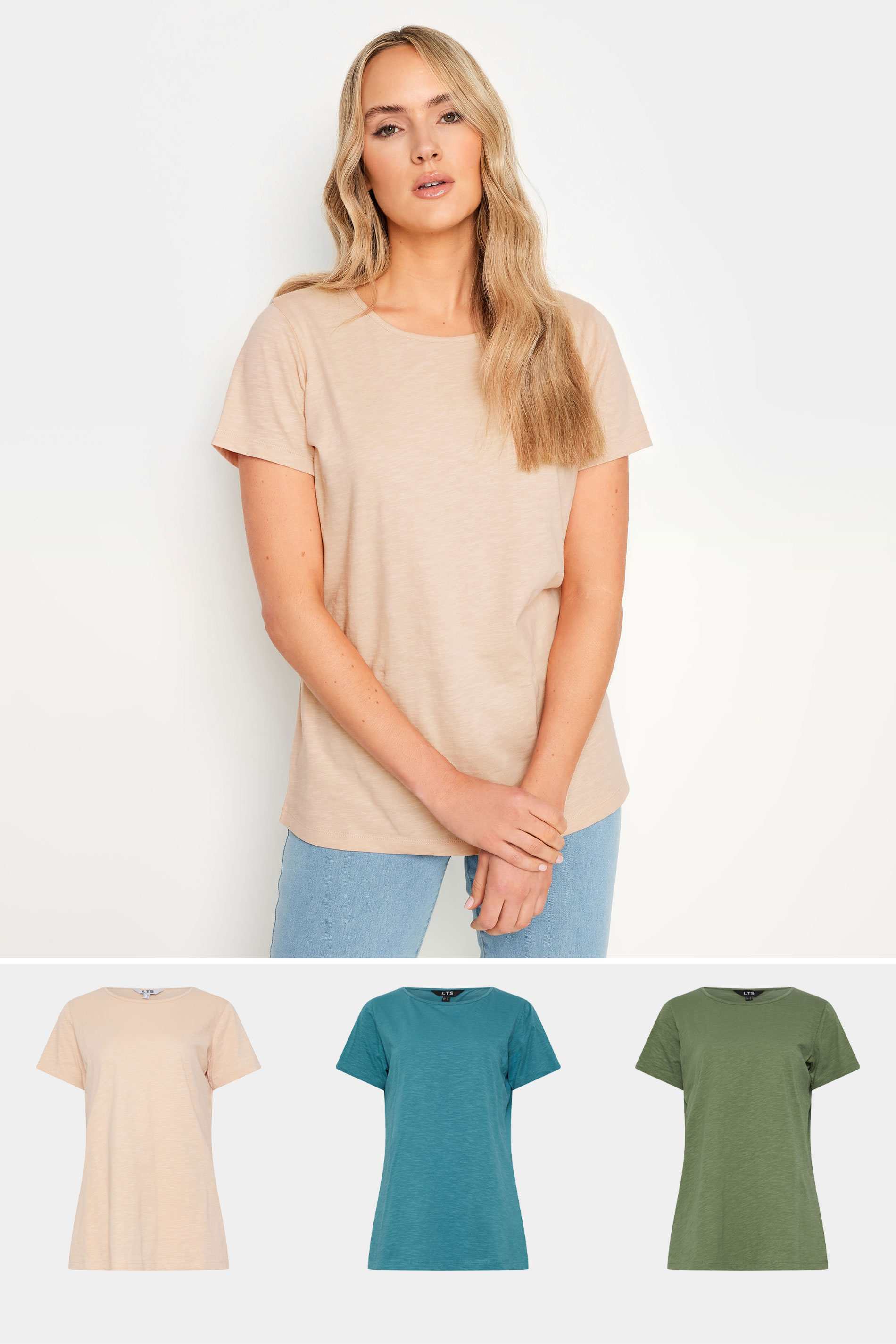 LTS Tall 3 PACK Pink & Khaki Green Scoop Neck T-Shirts 1