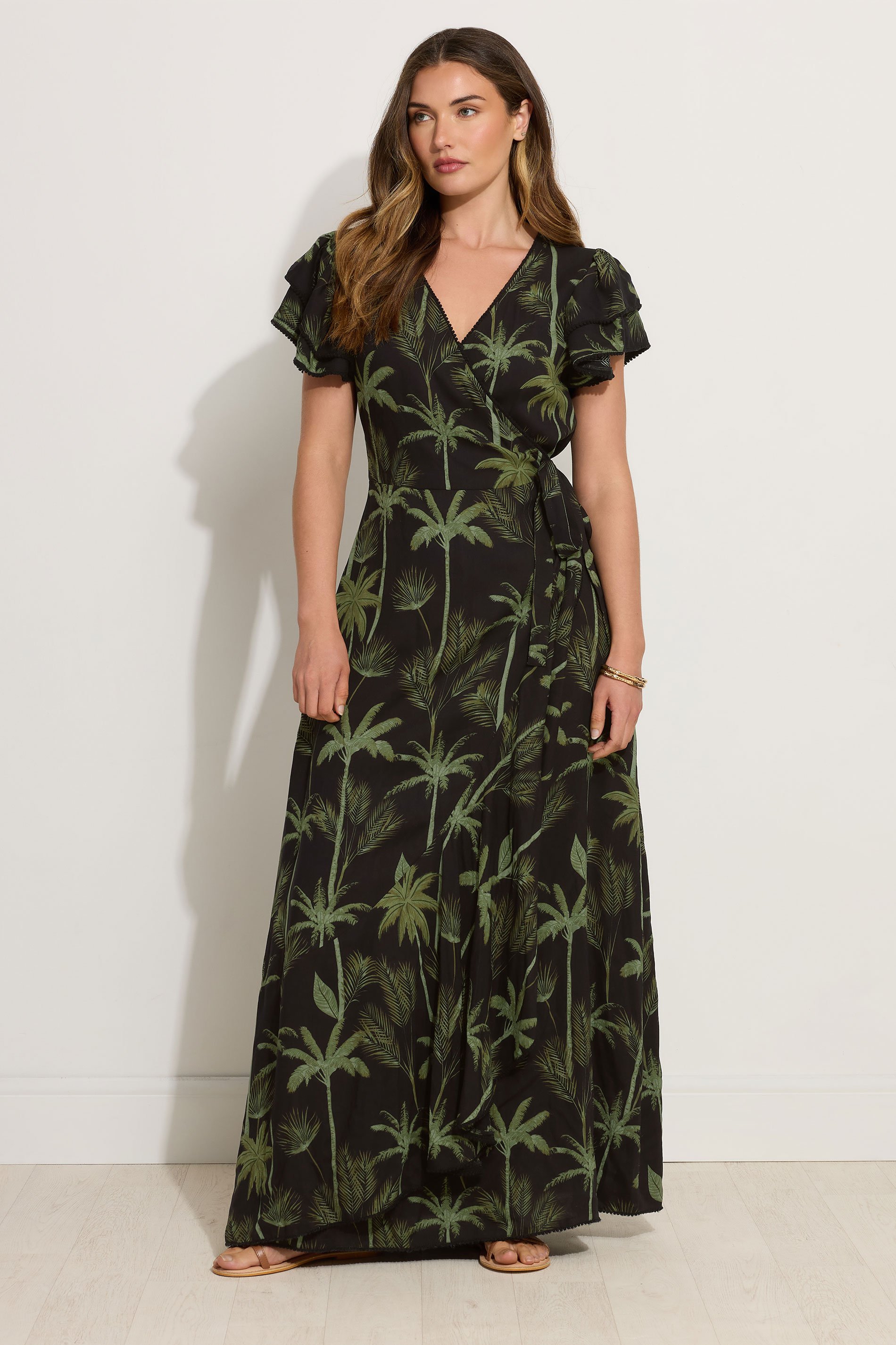 LTS Tall Black Tropical Palm Frill Sleeve Maxi Dress | Long Tall Sally 2