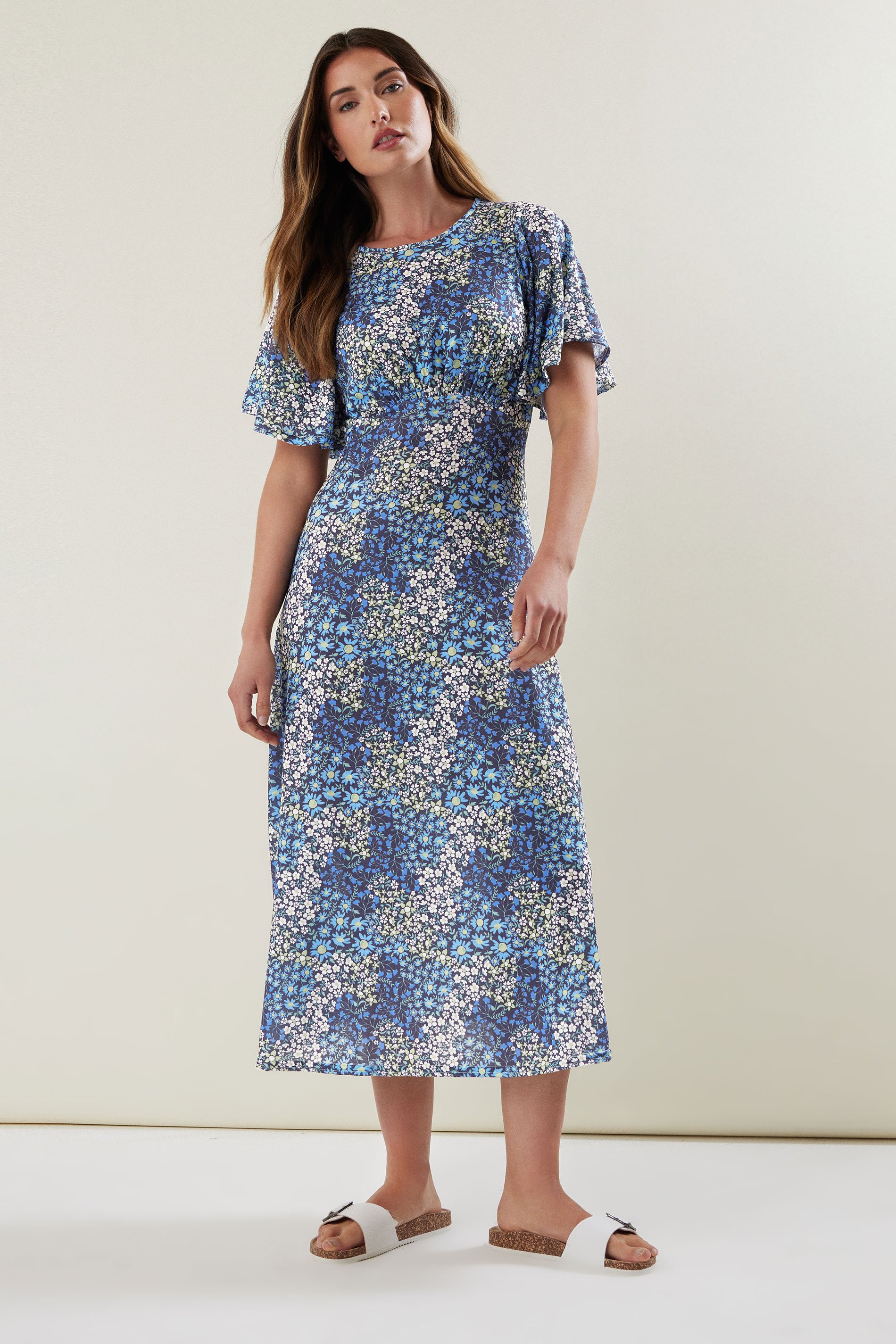 LTS Tall Blue Ditsy Floral Flutter Sleeve Tea Dress | Long Tall Sally 1