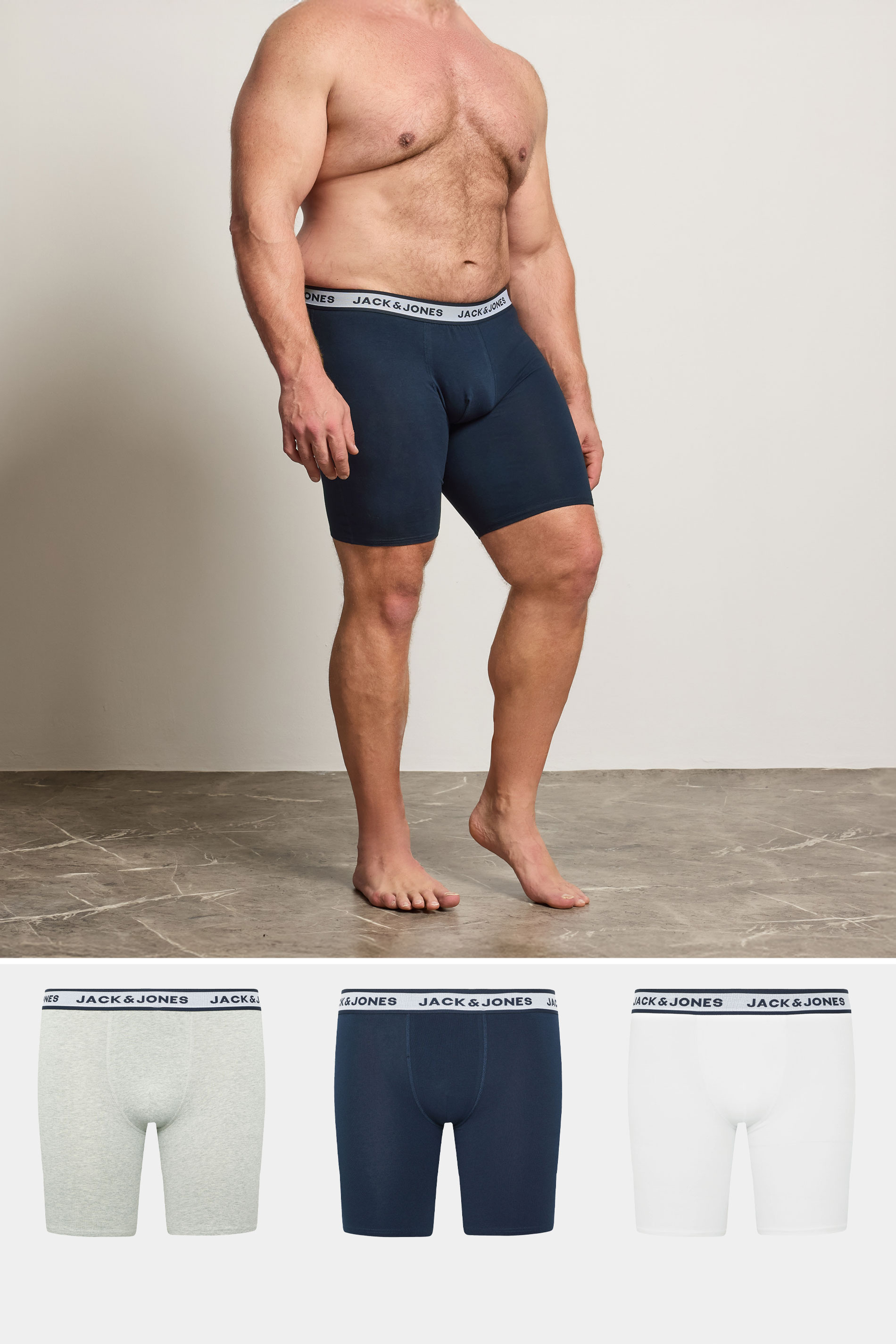 JACK & JONES Big & Tall 3 Pack White/Grey/Navy Blue Boxers | BadRhino 3