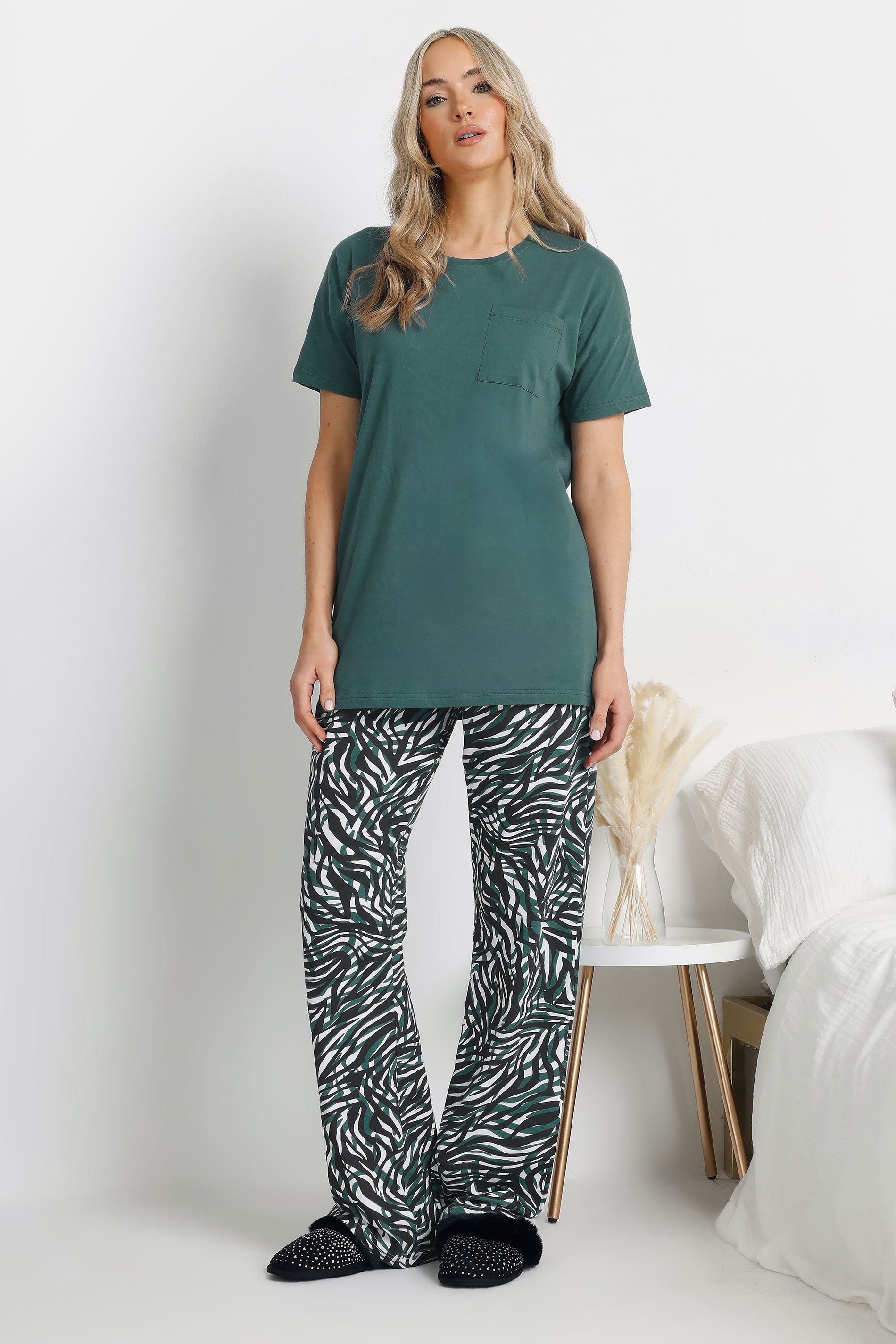 LTS Tall Green Cotton Zebra Wide Leg Pyjama Set | Long Tall Sally 2