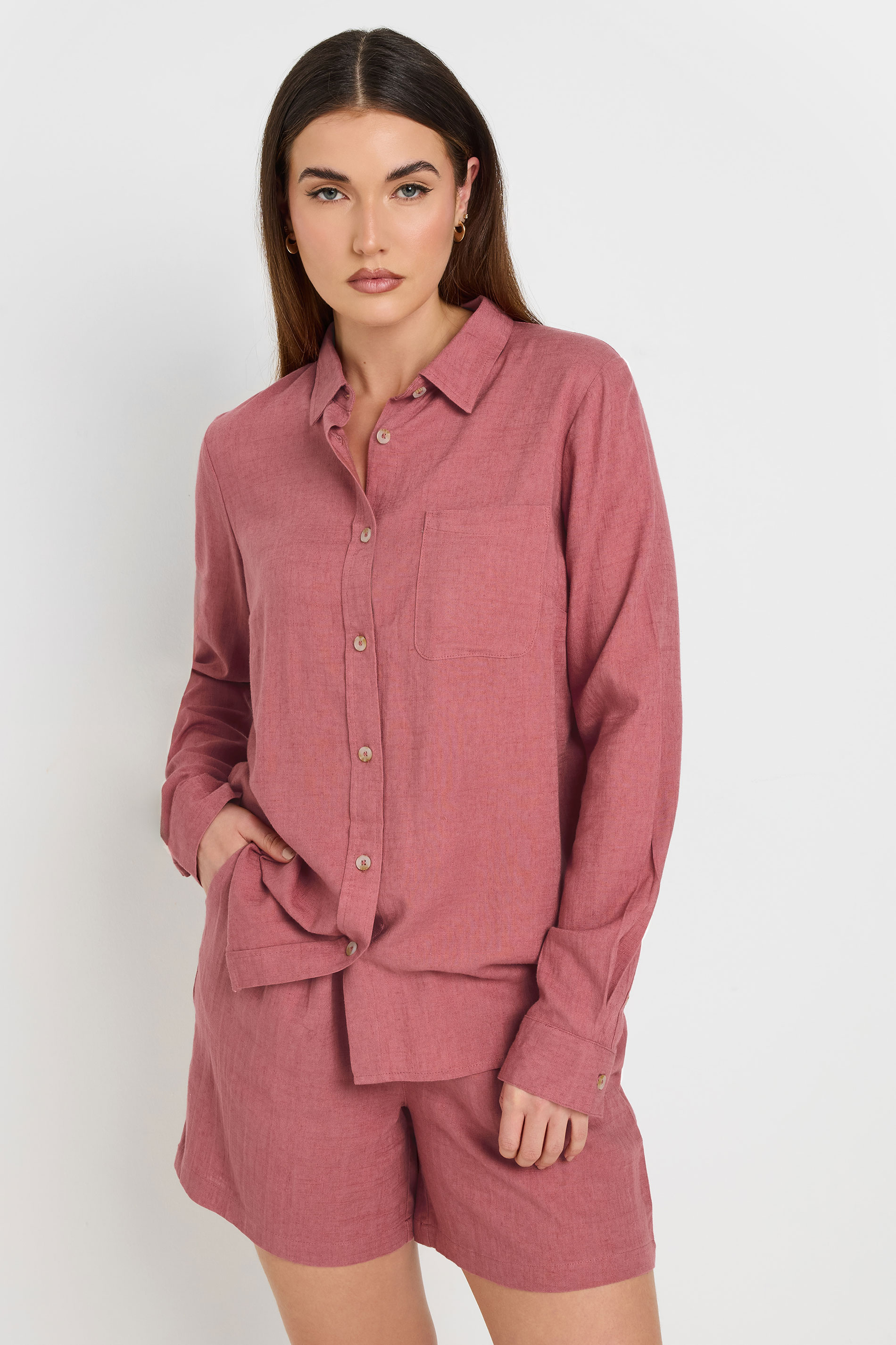 LTS Tall Coral Pink Linen Oversized Long Sleeve Shirt | Long Tall Sally 2