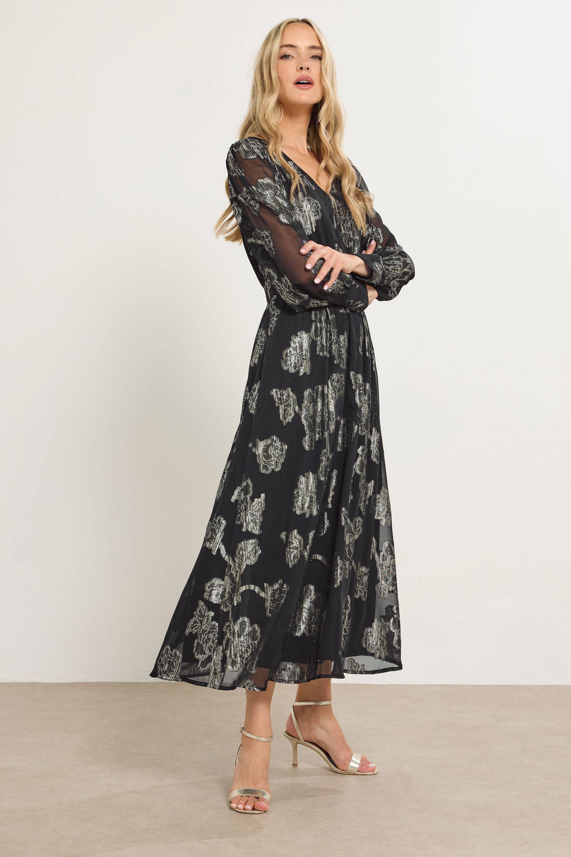 LTS Tall Black & Gold Floral Jacquard Midaxi Dress | Long Tall Sally  1