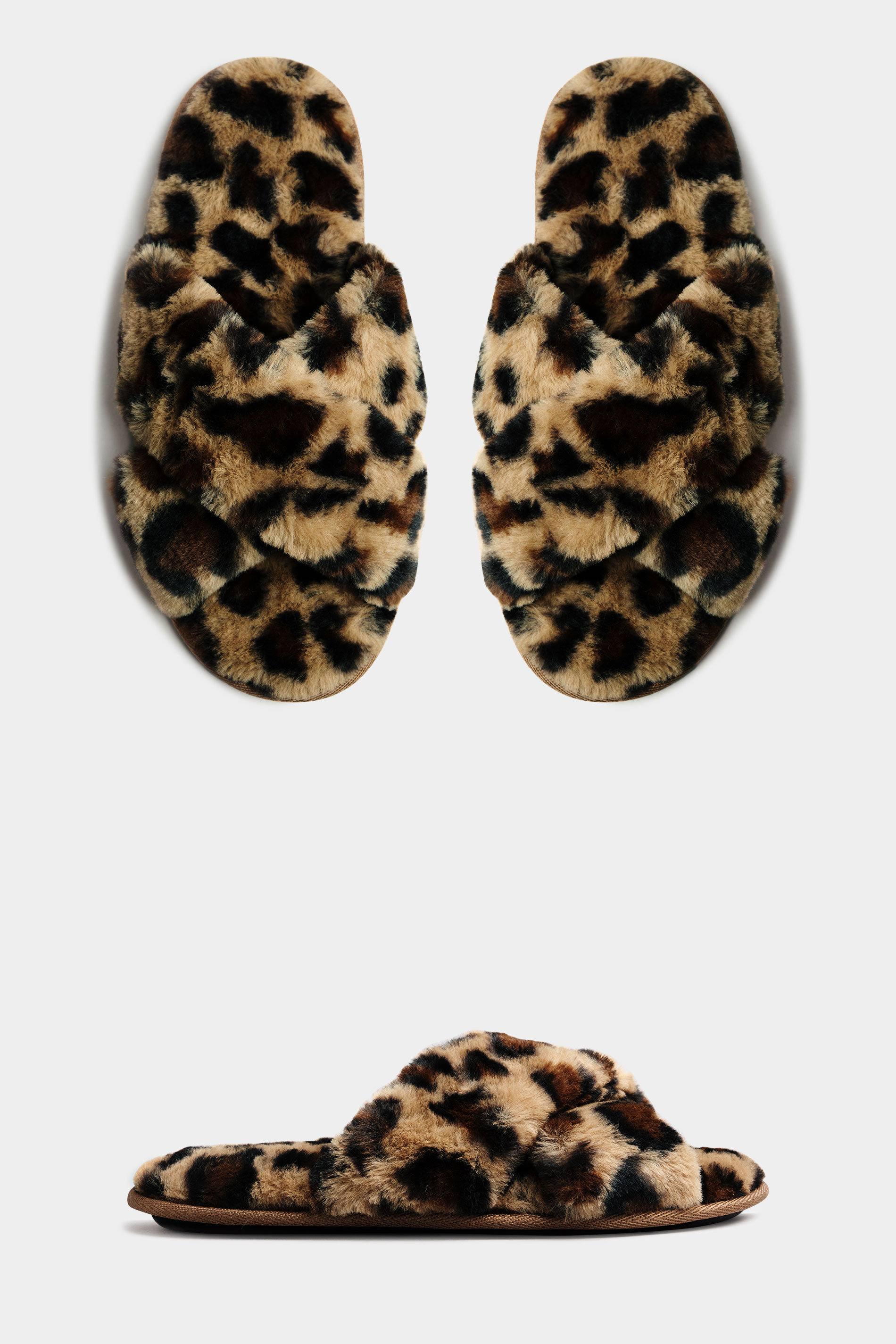LTS Leopard Print Faux Fur Cross Strap Slippers In Standard Fit | Long Tall Sally 2