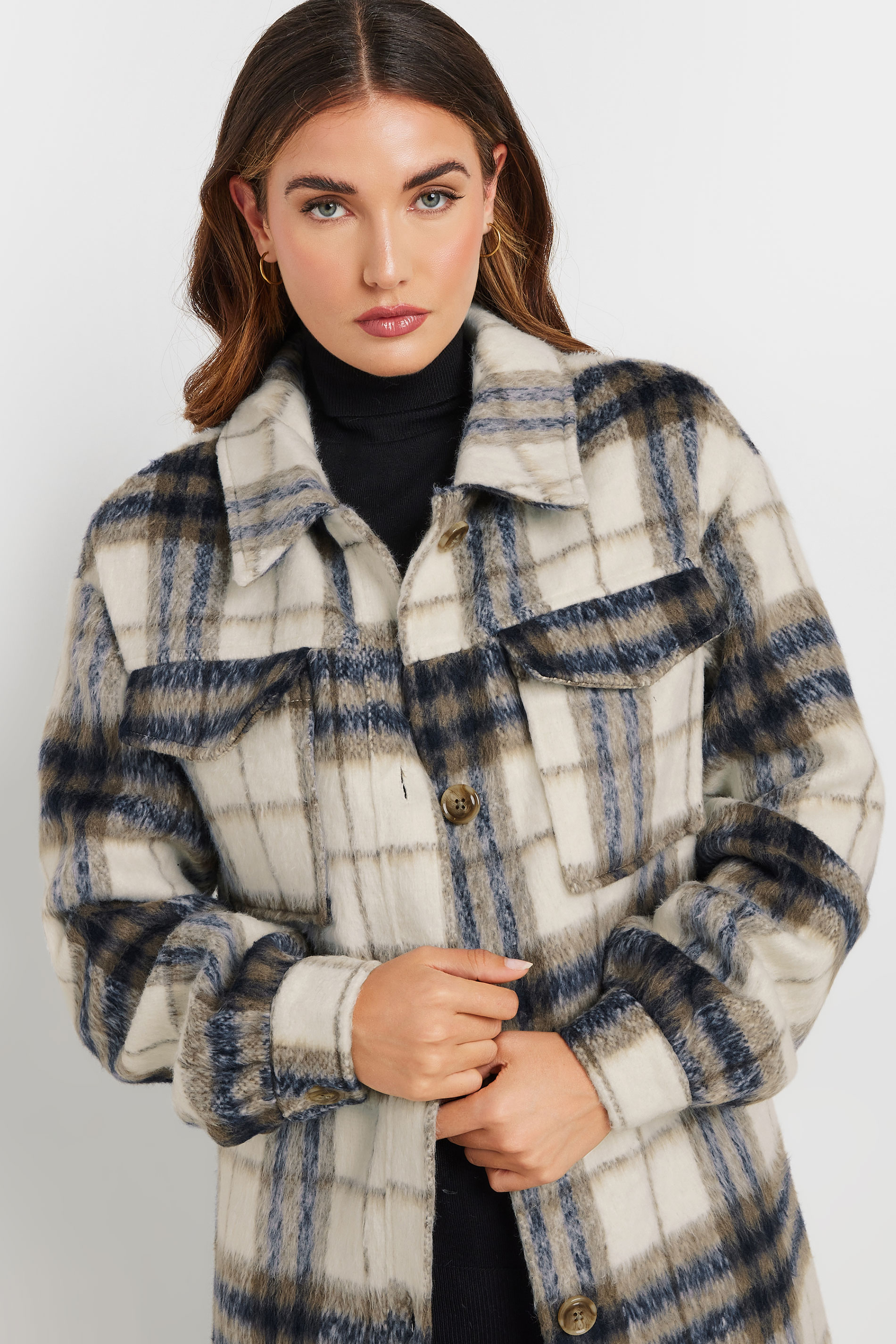 LTS Tall Blue Blurred Check Print Longline Shacket | Long Tall Sally 4