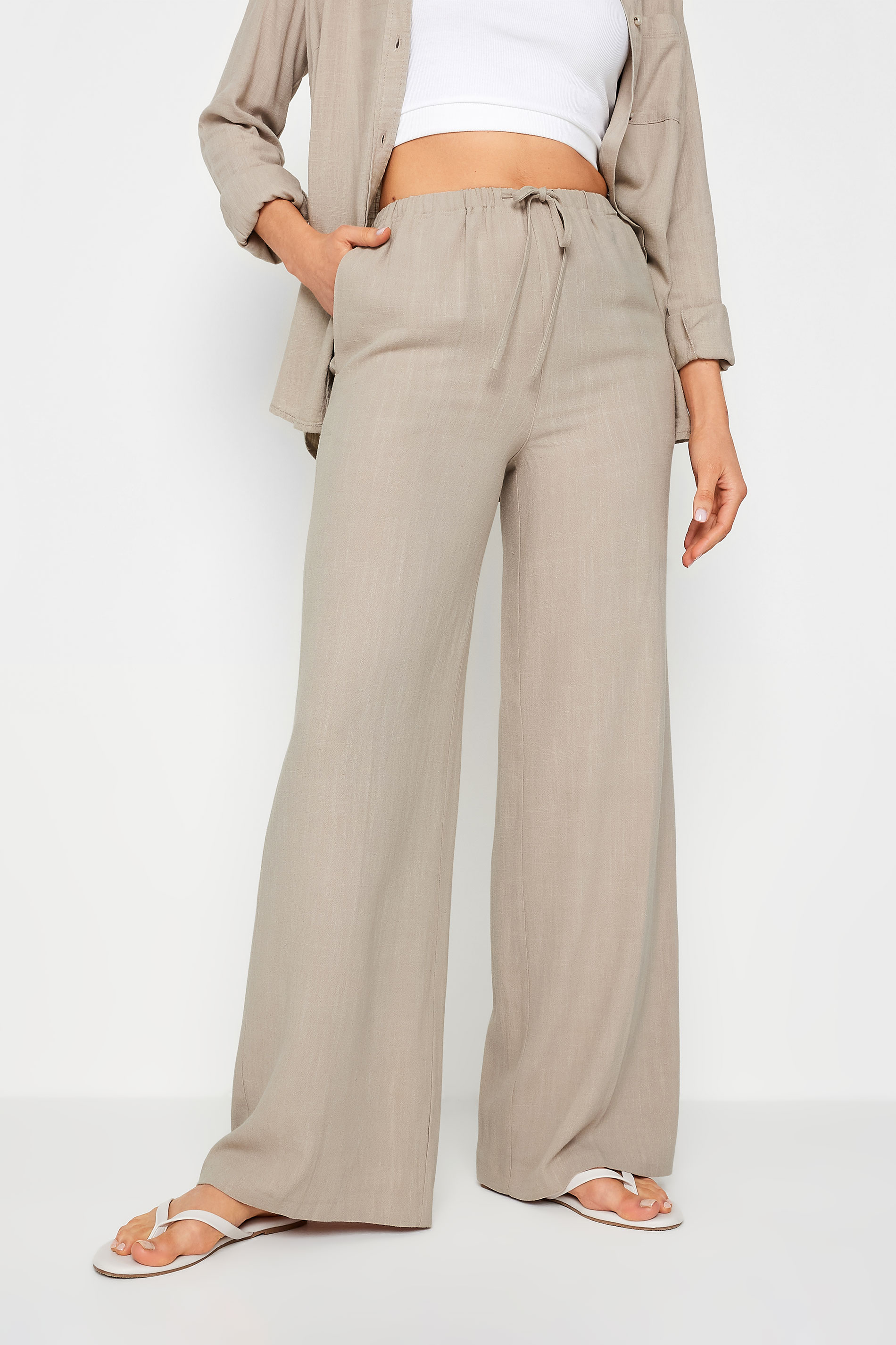 LTS Tall Women's Stone Brown Linen Tie Waist Wide Leg Trousers | Long Tall Sally  3