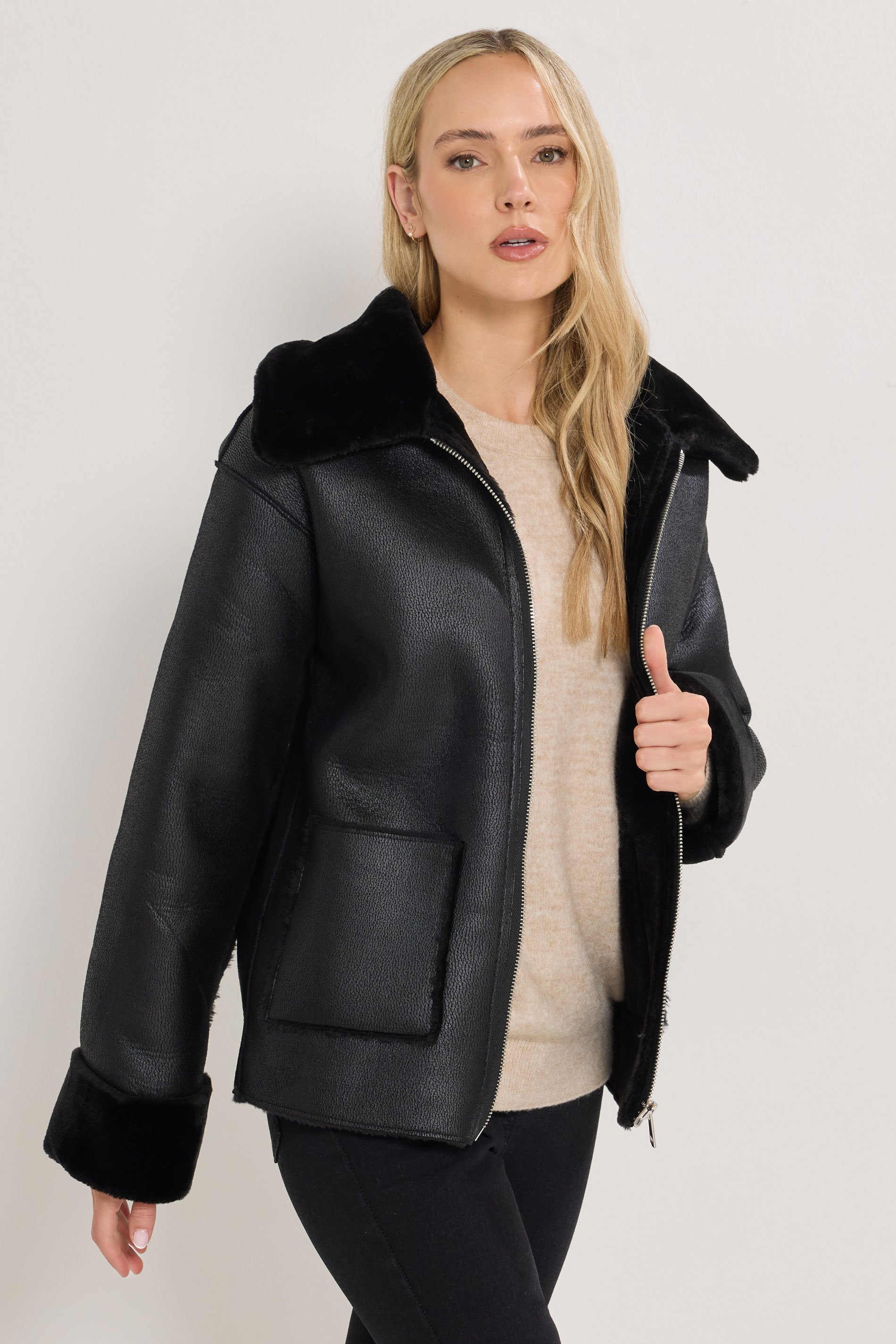 LTS Tall Black Faux Fur Trim Jacket | Long Tall Sally 1