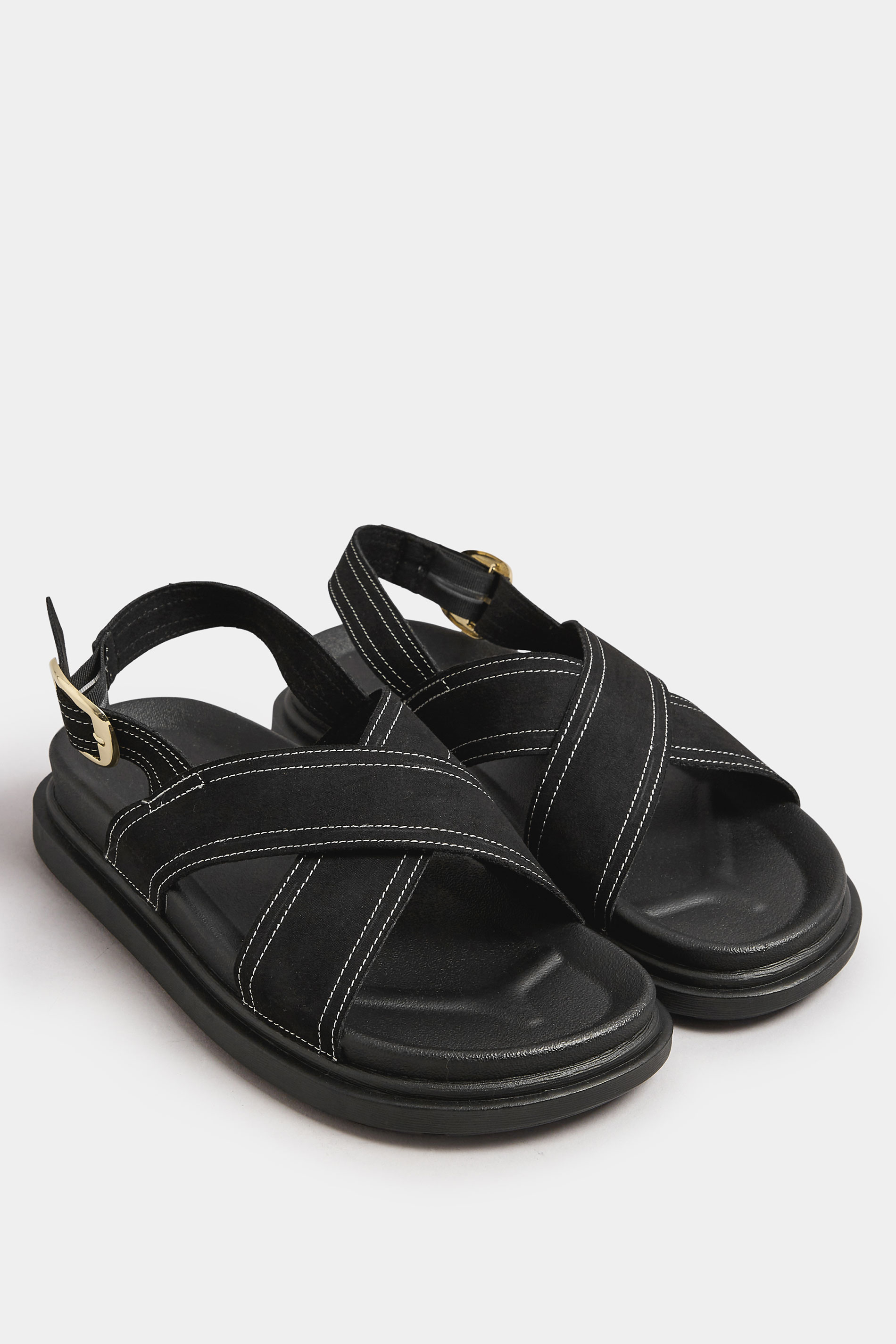 Black Contrast Stitch Cross Strap Sandals In Extra Wide EEE Fit | Yours Clothing 2