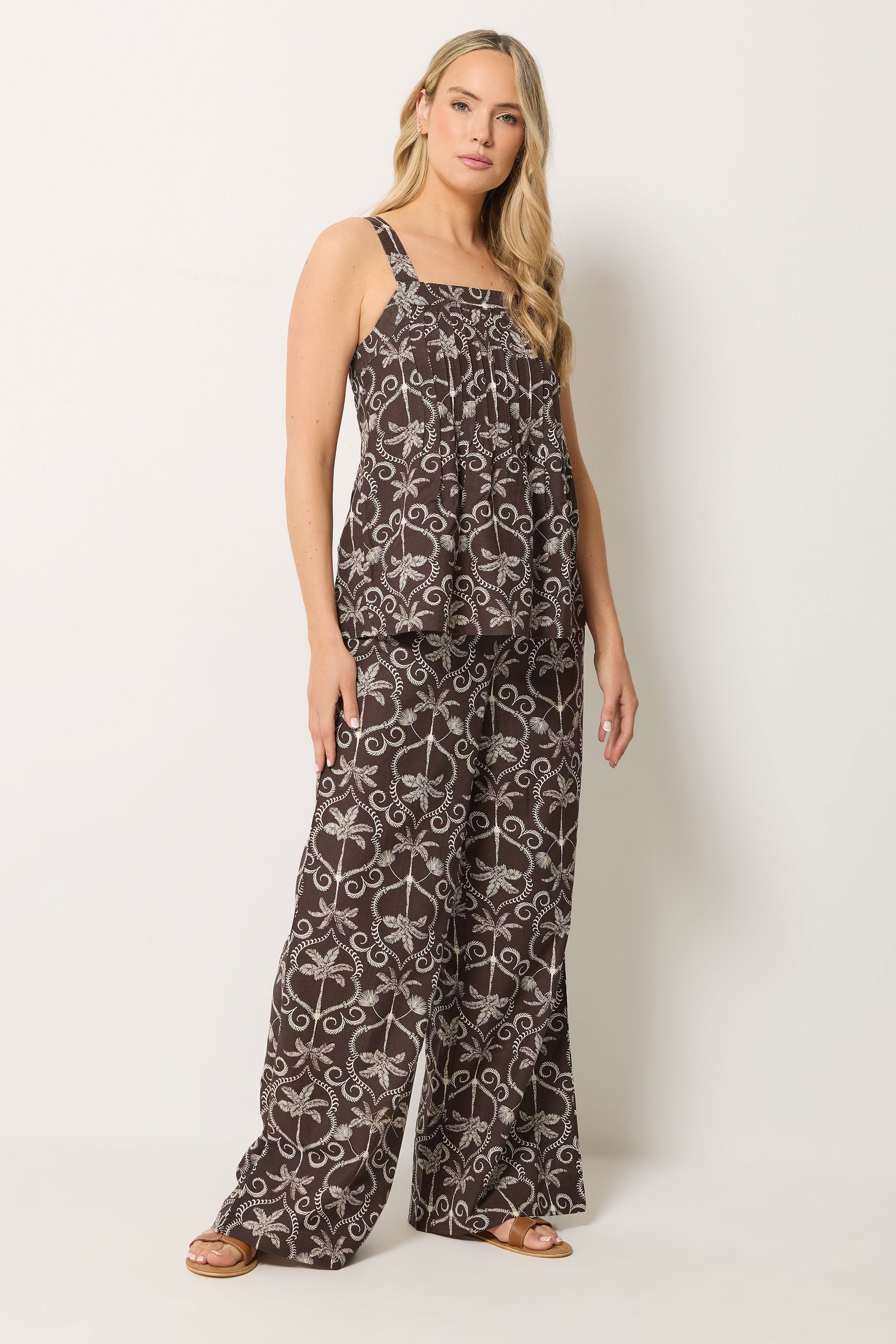 LTS Tall Women's Set Chocolate Brown Palm Linen Vest Top & Wide Leg Trousers | Long Tall Sally 3