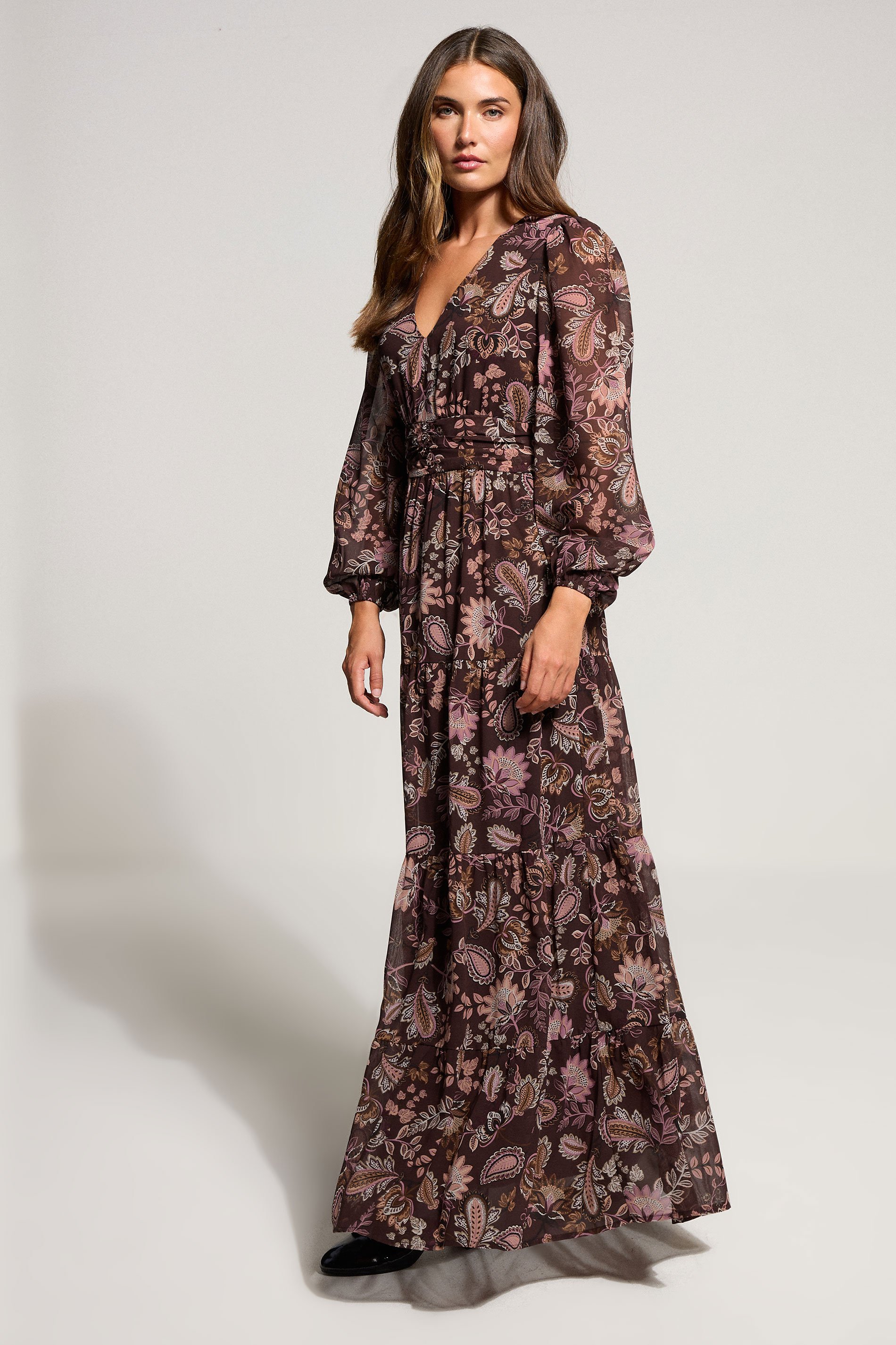 LTS Tall Chocolate Brown Paisley Chiffon Tiered Dress | Long Tall Sally 2