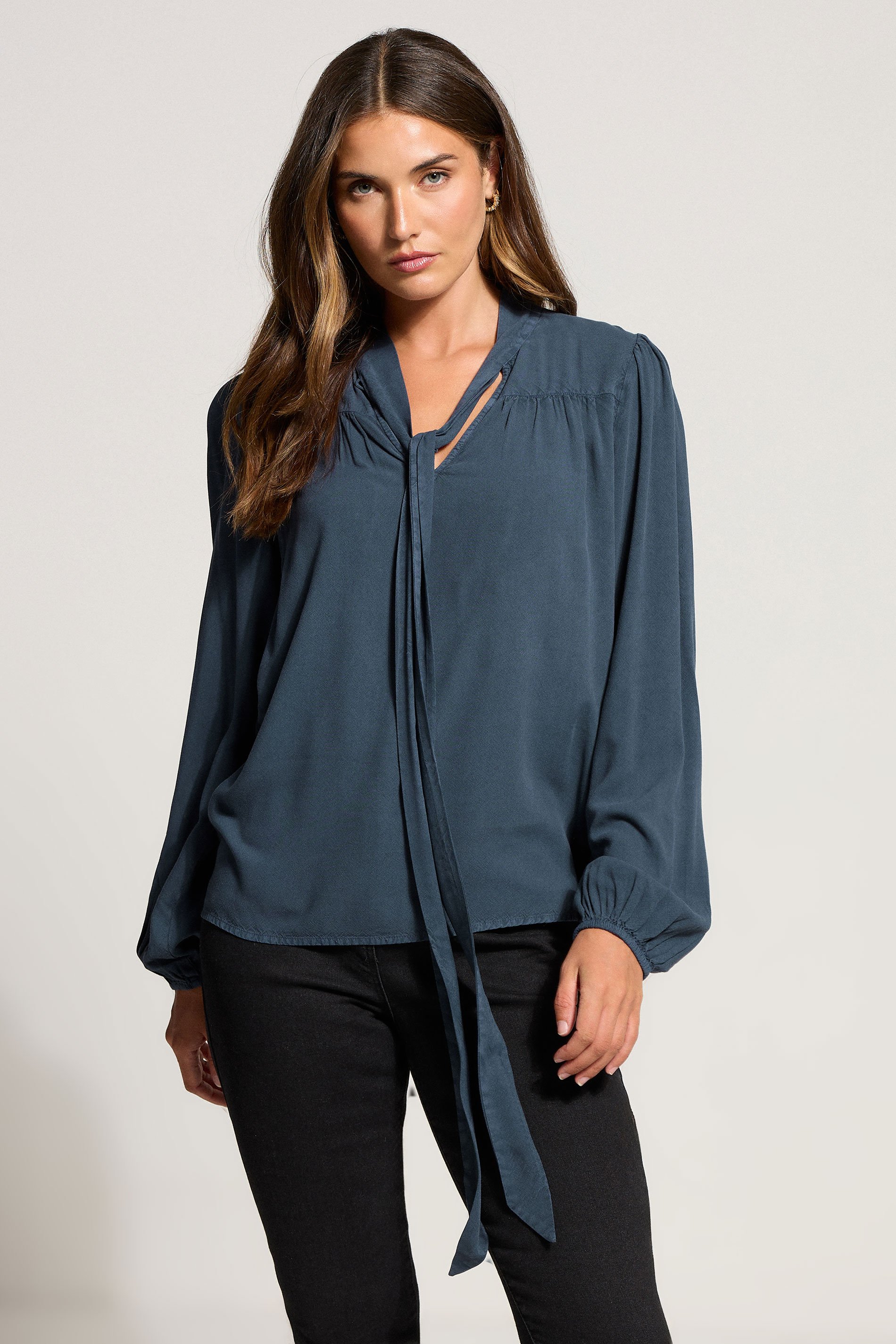 LTS Tall Indigo Blue Acid Wash Tie Neck Blouse | Long Tall Sally 1
