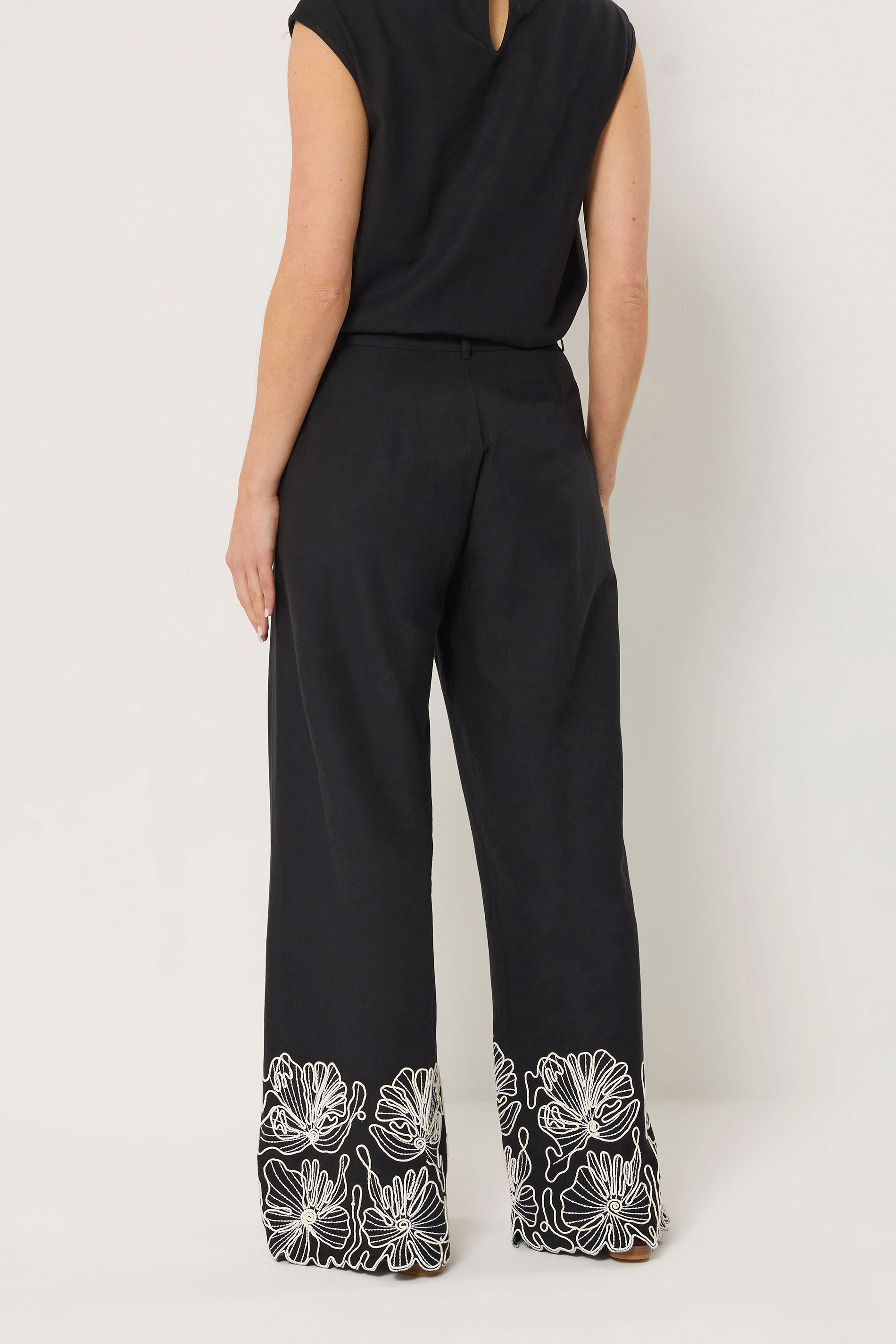 LTS Tall Women's Set Black Floral Embroidered Linen Top & Trousers Set | Long Tall Sally  6