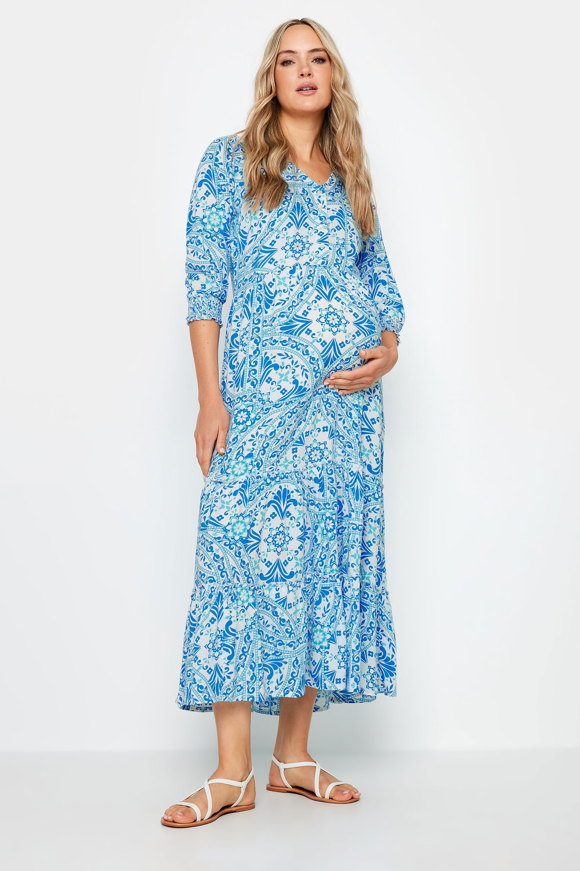 LTS Tall Maternity Blue Tile Print Tiered Midaxi Dress | Long Tall Sally 1