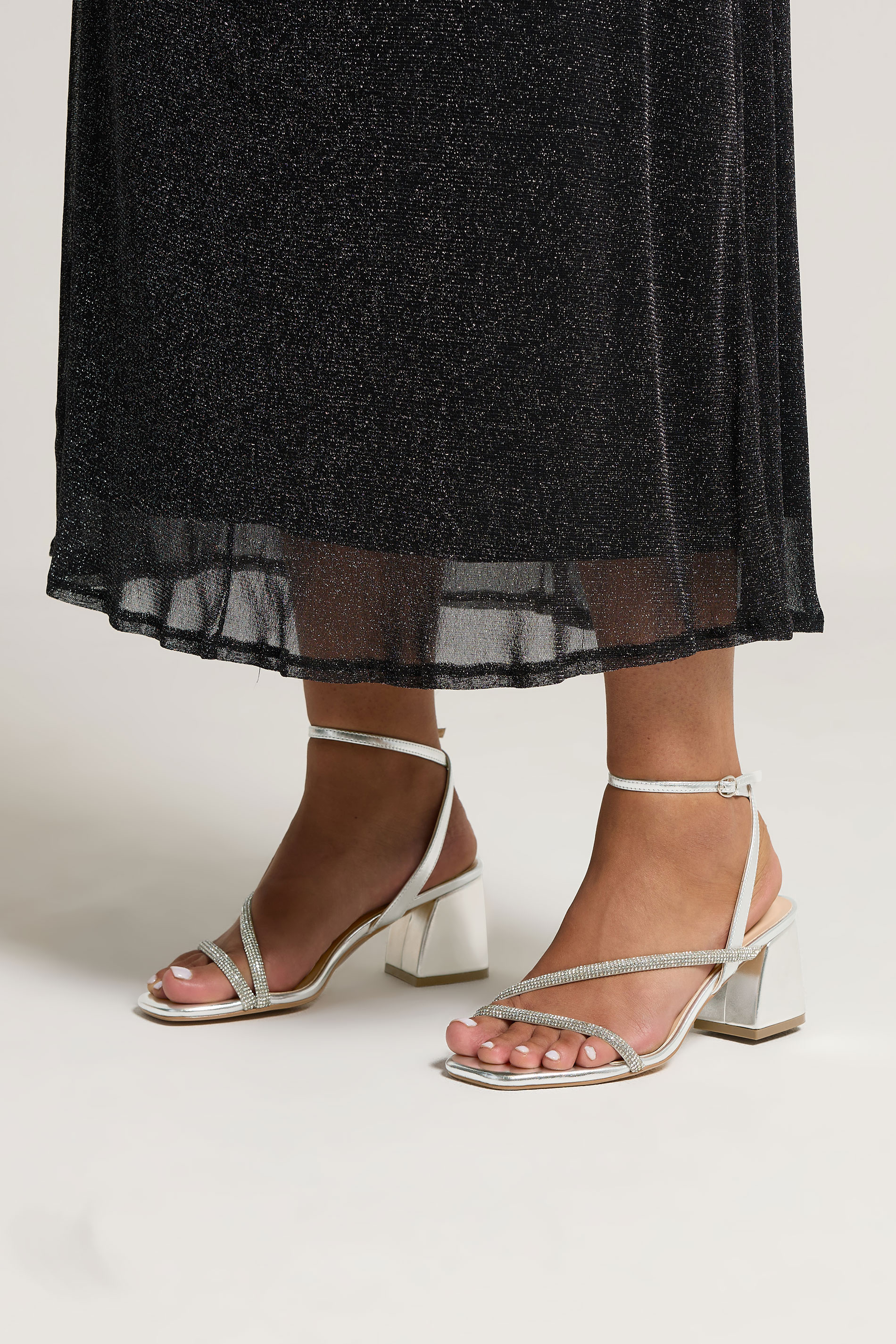 Silver Diamante Block Heel Sandals In Extra Wide EEE Fit | Yours Clothing 1