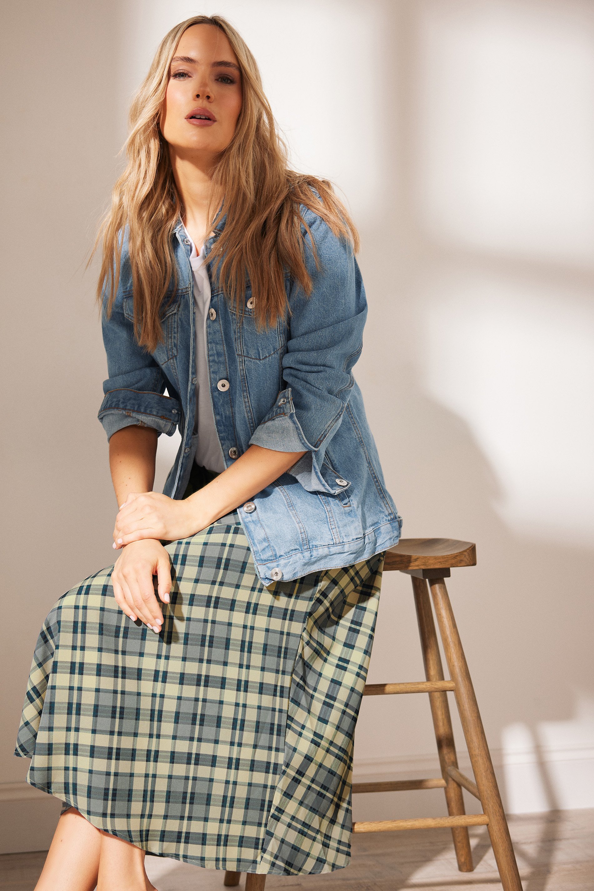 LTS Tall Blue Check Print Tiered Midaxi Skirt | Long Tall Sally 2