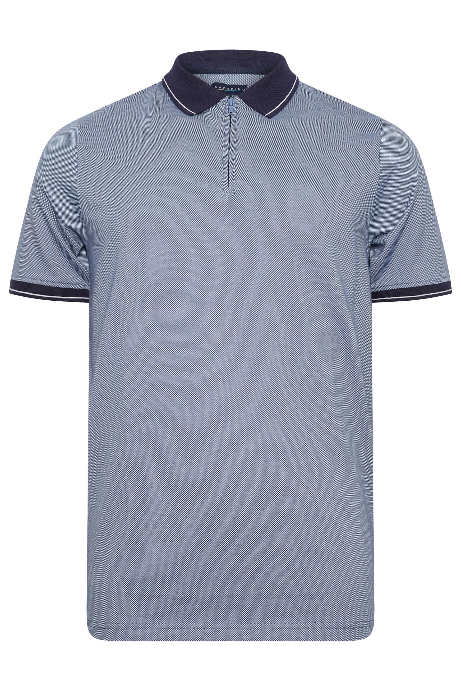BadRhino Big & Tall Blue Textured Zip Neck Polo Shirt | BadRhino 2