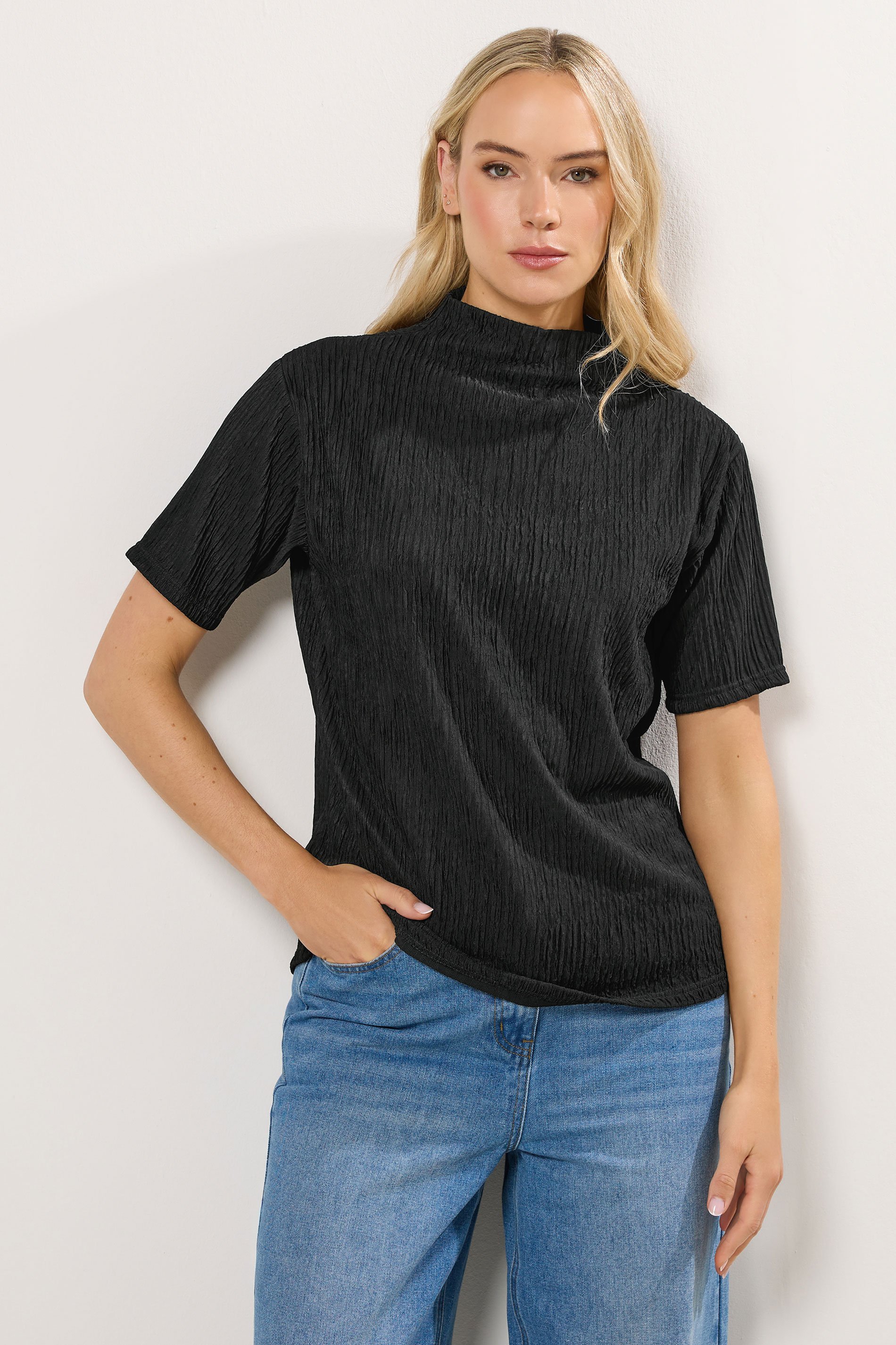 LTS Tall Black Textured Funnel Neck Top | Long Tall Sally 1