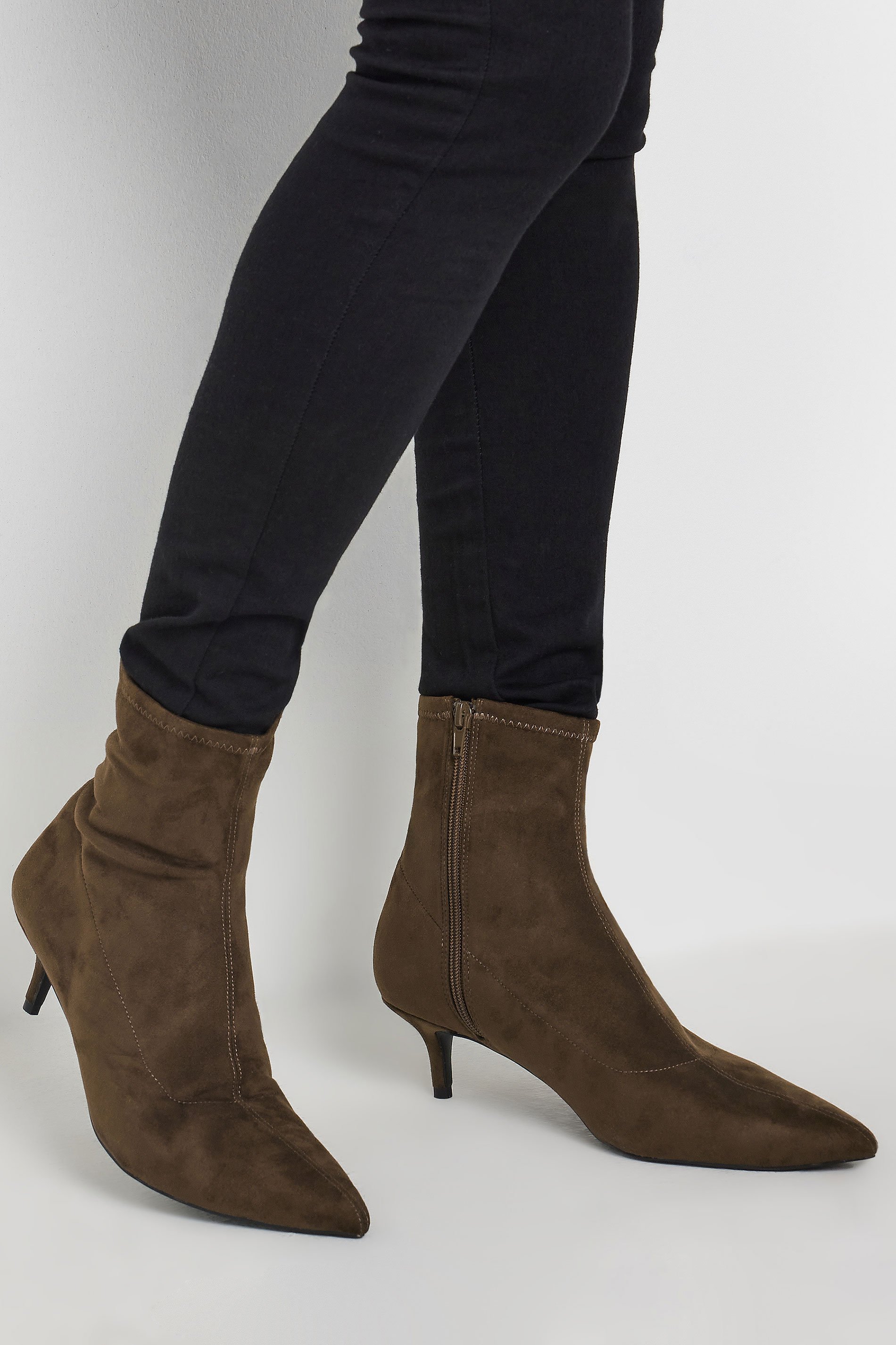 LTS Chocolate Brown Faux Suede Kitten Heeled Boots In Standard Fit | Long Tall Sally 1