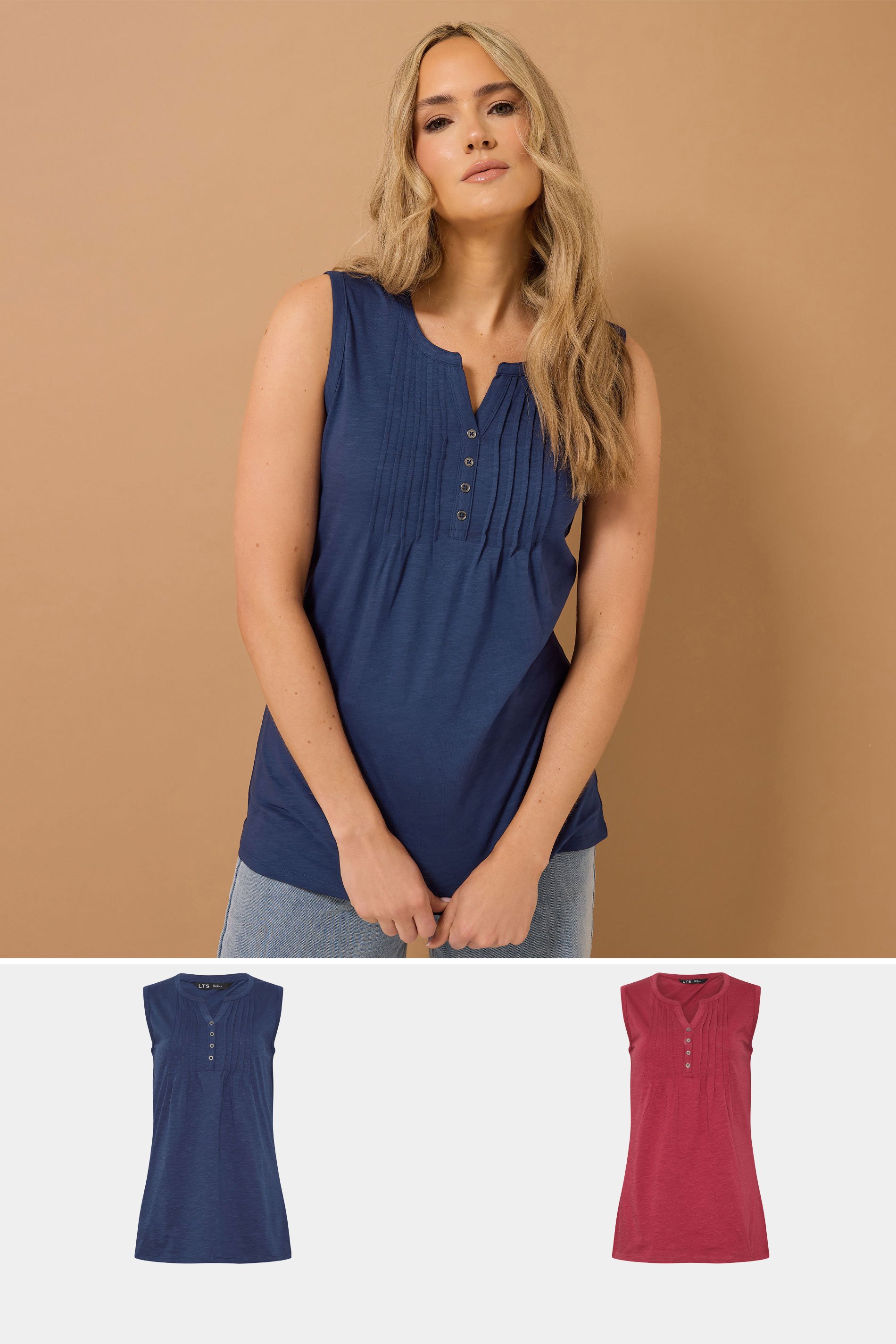 LTS Tall 2 PACK Navy Blue & Red Henley Vest Tops | Long Tall Sally 1