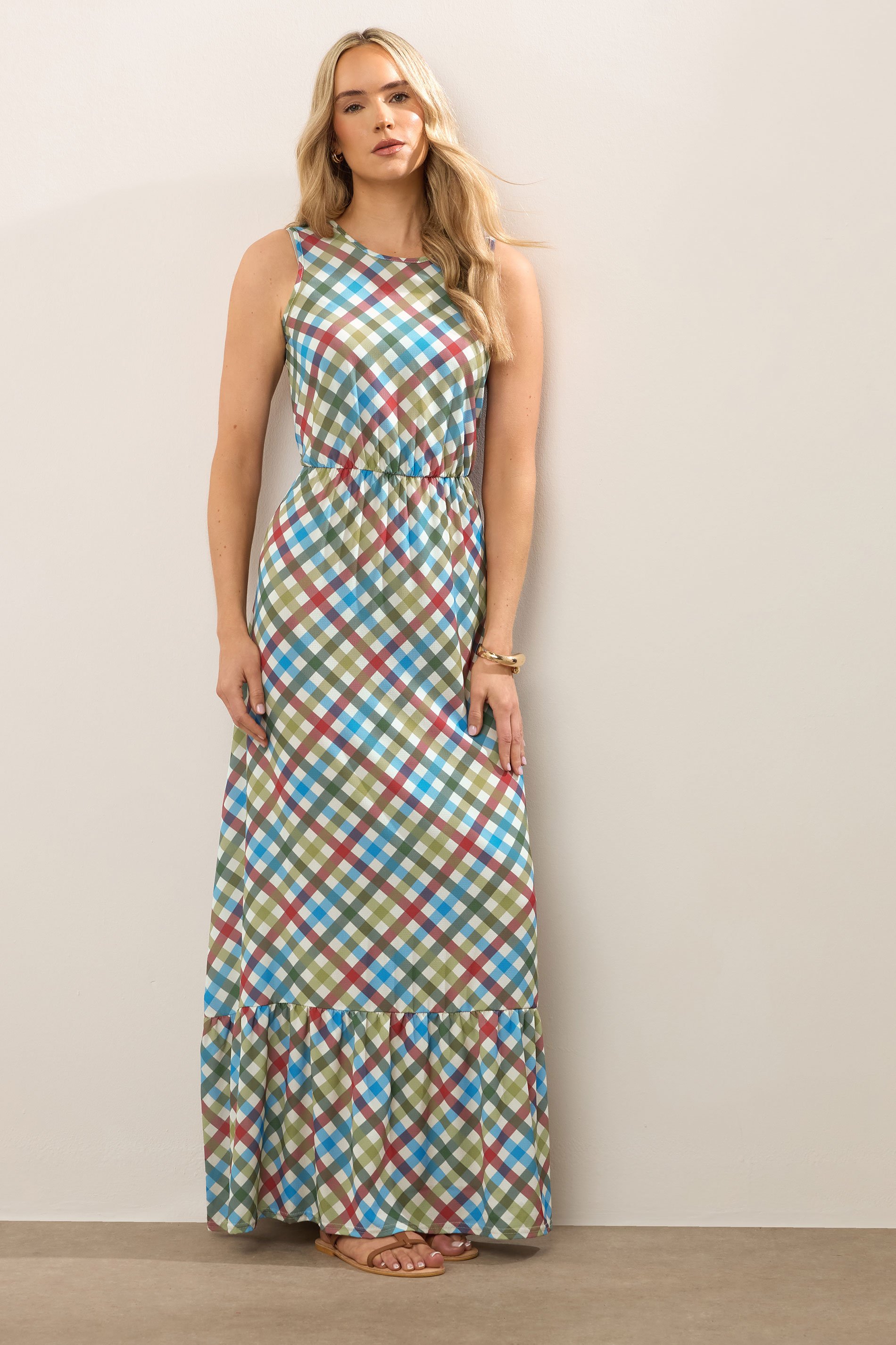 LTS Tall Green Gingham Sleeveless Tiered Maxi Dress | Long Tall Sally 1