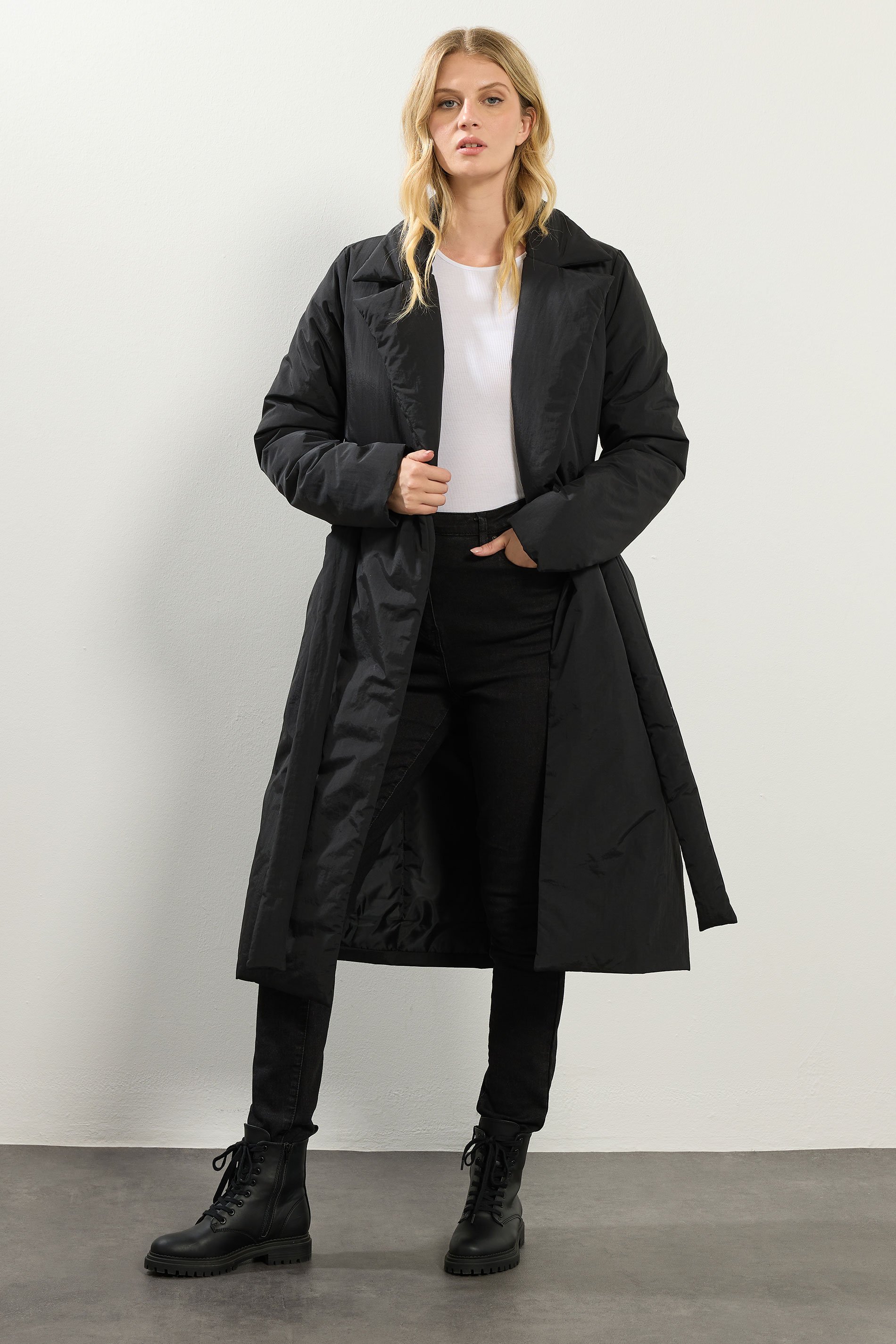 LTS Tall Black Belted Padded Midi Coat | Long Tall Sally 2