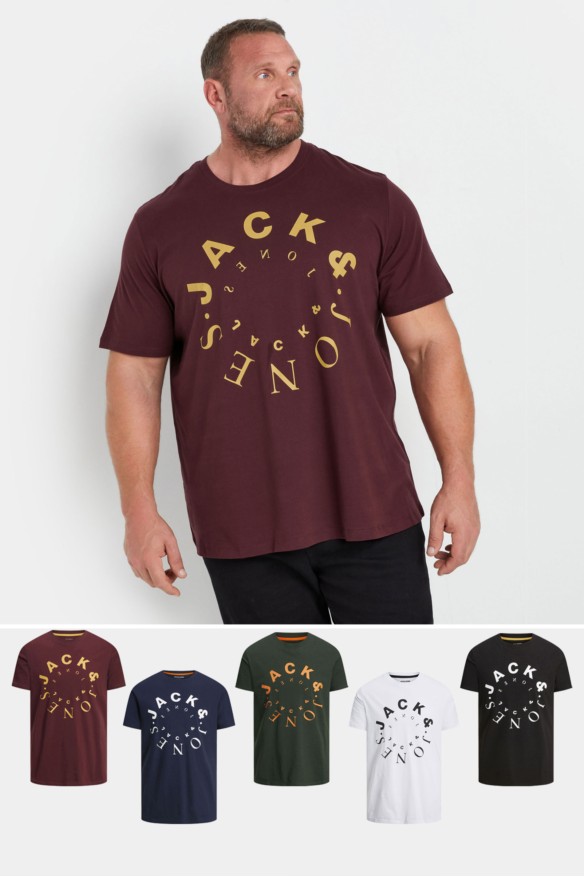 JACK & JONES Big & Tall 5 PACK White & Green Logo Printed T-Shirts | BadRhino 1