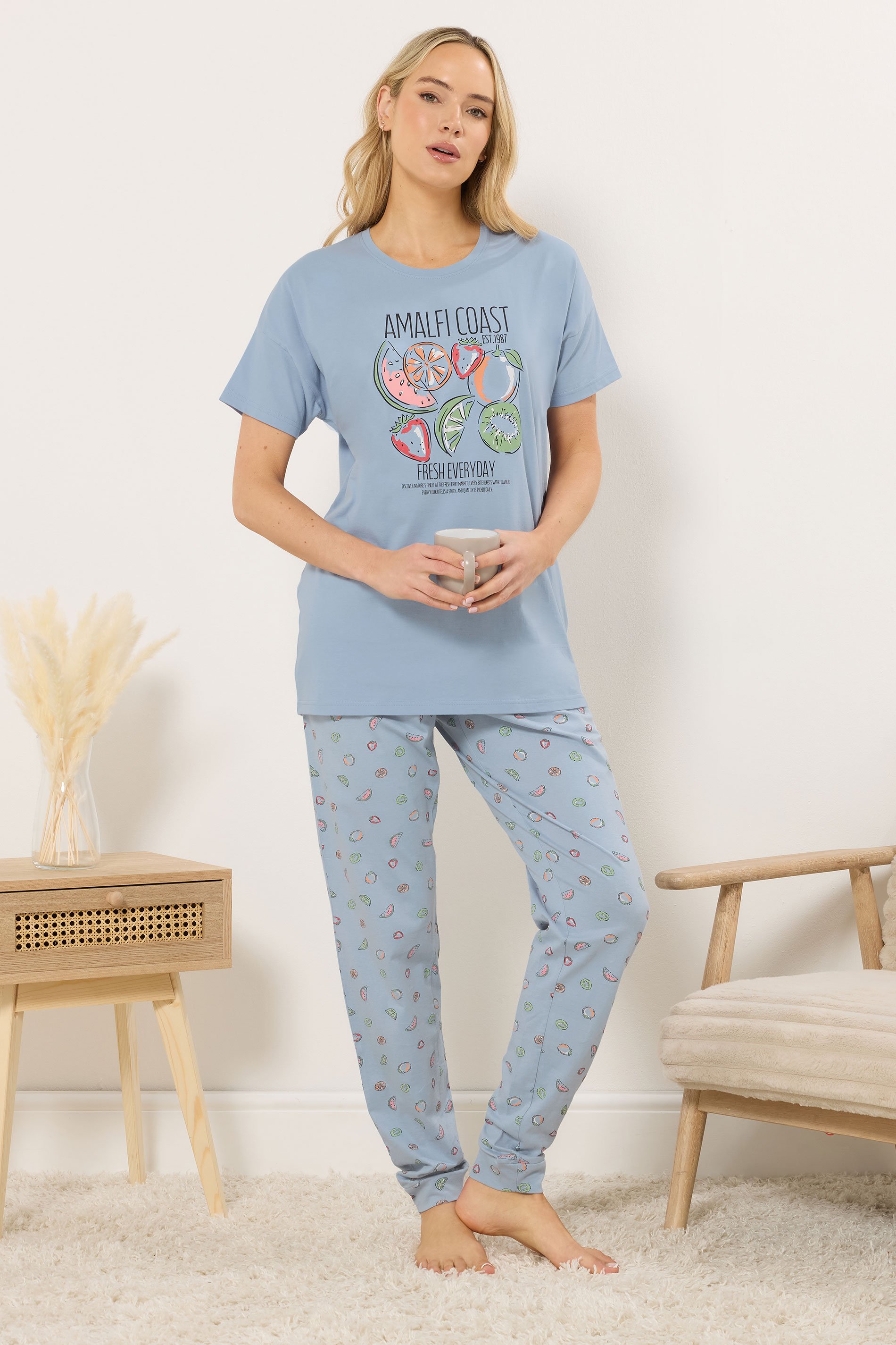 LTS Tall Women's Blue Summer Fruits 'Amalfi Coast' Slogan Pyjama Set | Long Tall Sally  2
