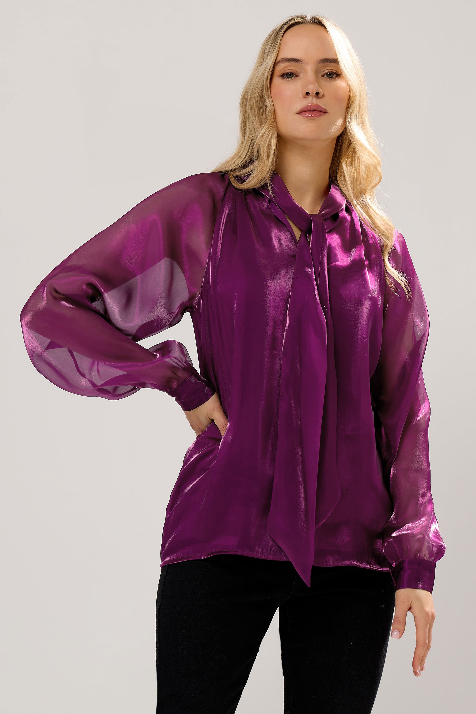 LTS Tall Purple Organza Tie Neck Blouse | Long Tall Sally 1