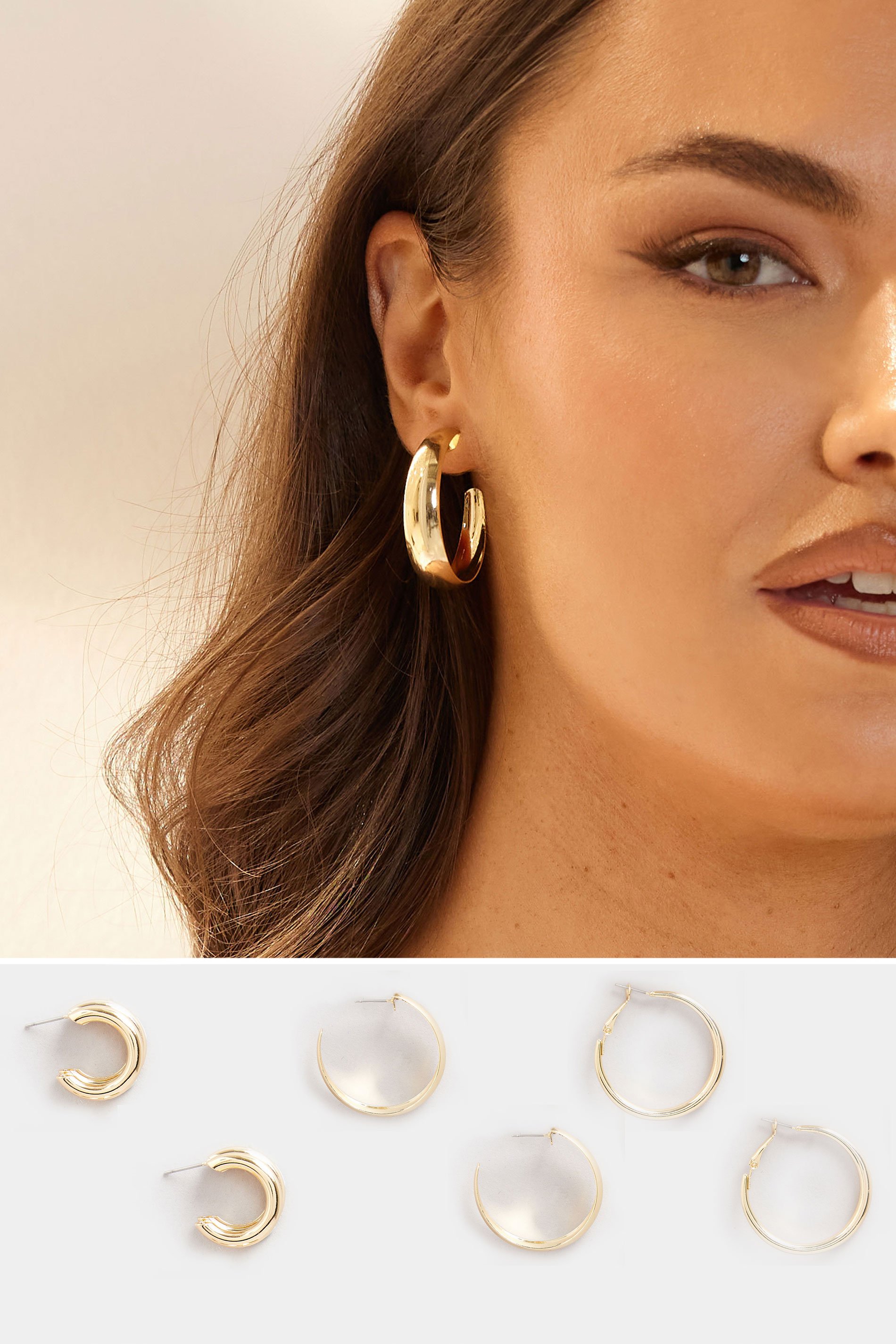 3 PACK Gold Tone Statement Hoop Earring Set | Yours Clothing 1