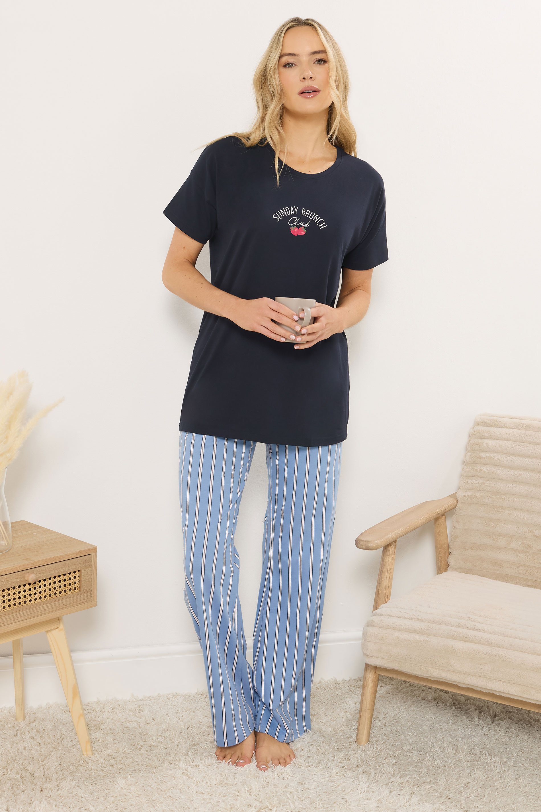 LTS Tall Women's Navy Blue 'Sunday Brunch' Slogan Striped Pyjama Set | Long Tall Sally 3