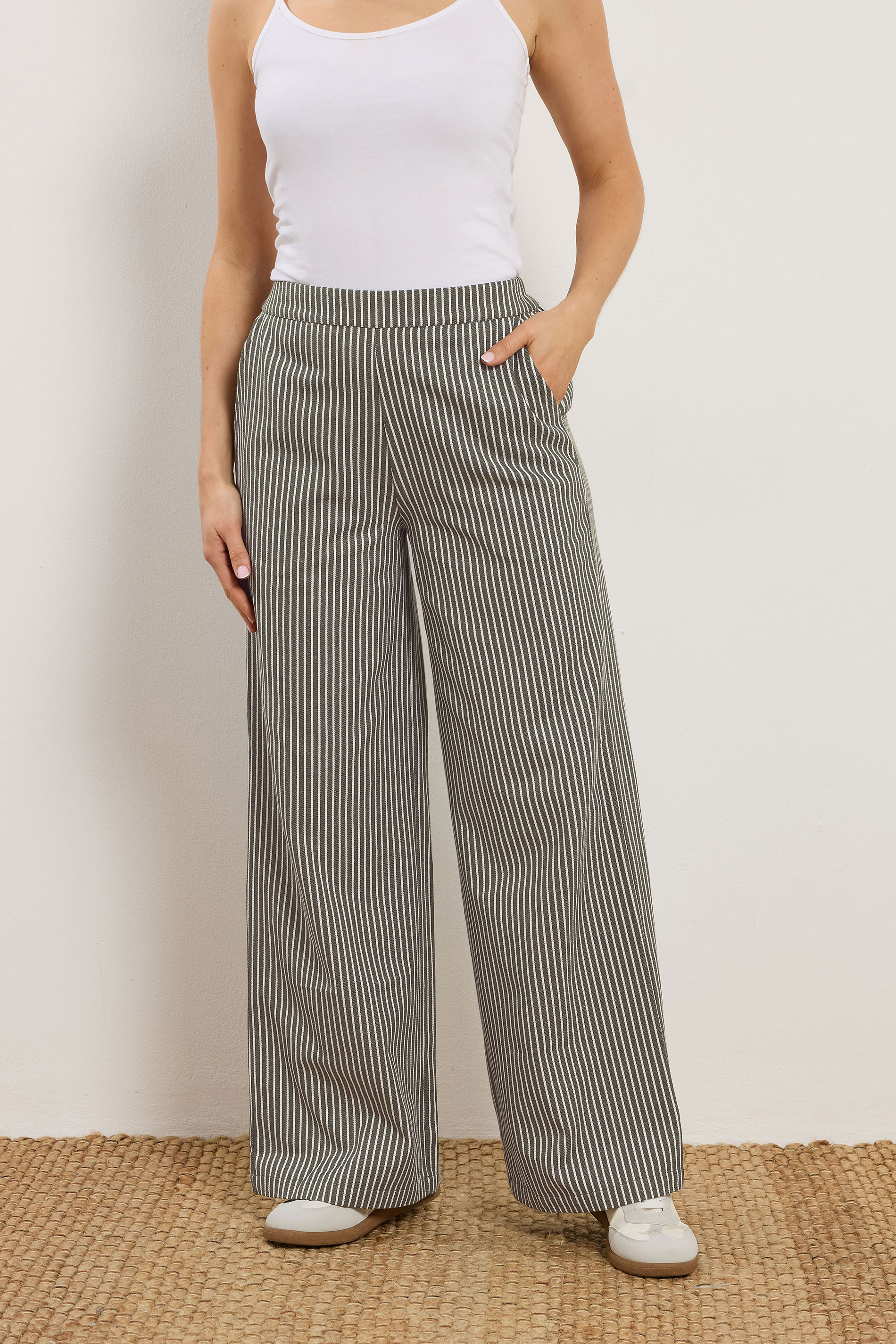 LTS Tall Women's Set Olive Green Stripe Button Cotton Shirt & Trousers | Long Tall Sally 7