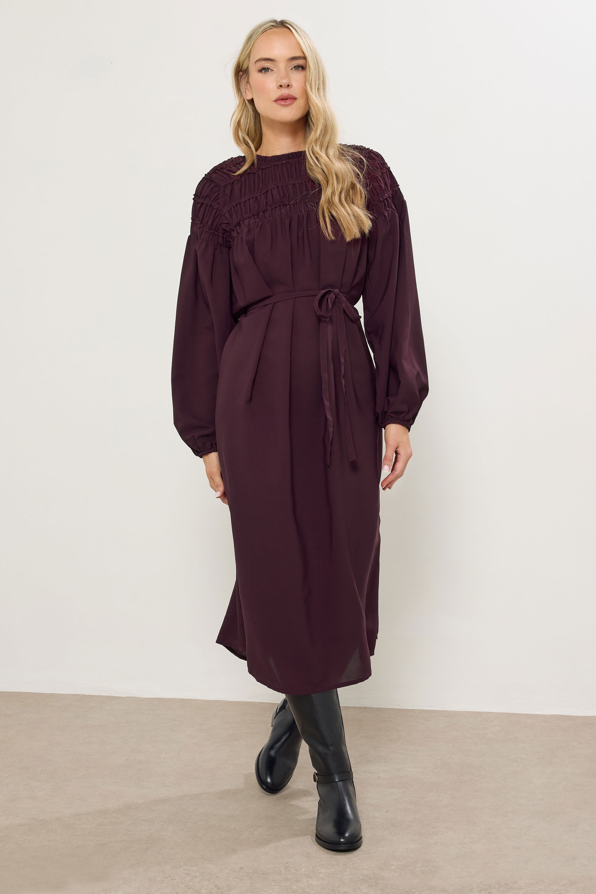 LTS Tall Burgundy Red Shirred Long Sleeve Midi Dress | Long Tall Sally 3