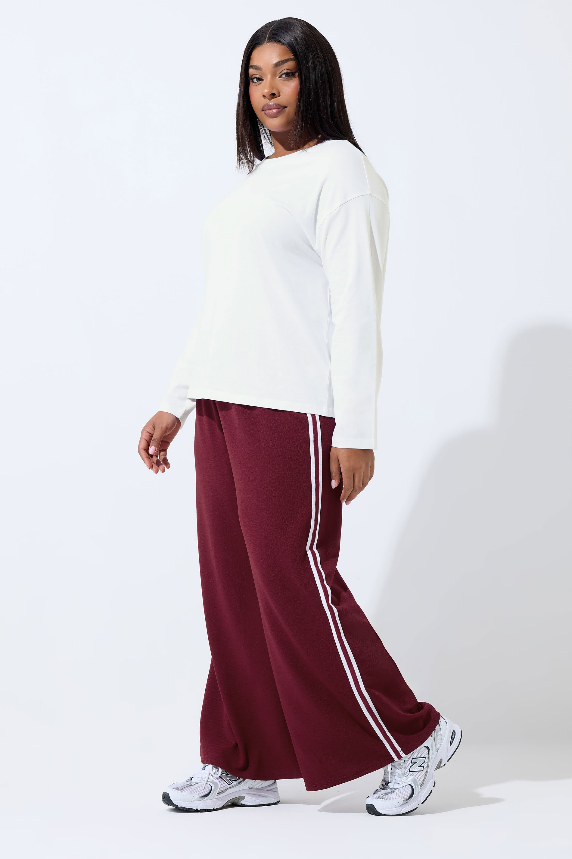 LIMITED COLLECTION Plus Size Burgundy Red Side Stripe Wide Leg Trousers | Yours Clothing 1
