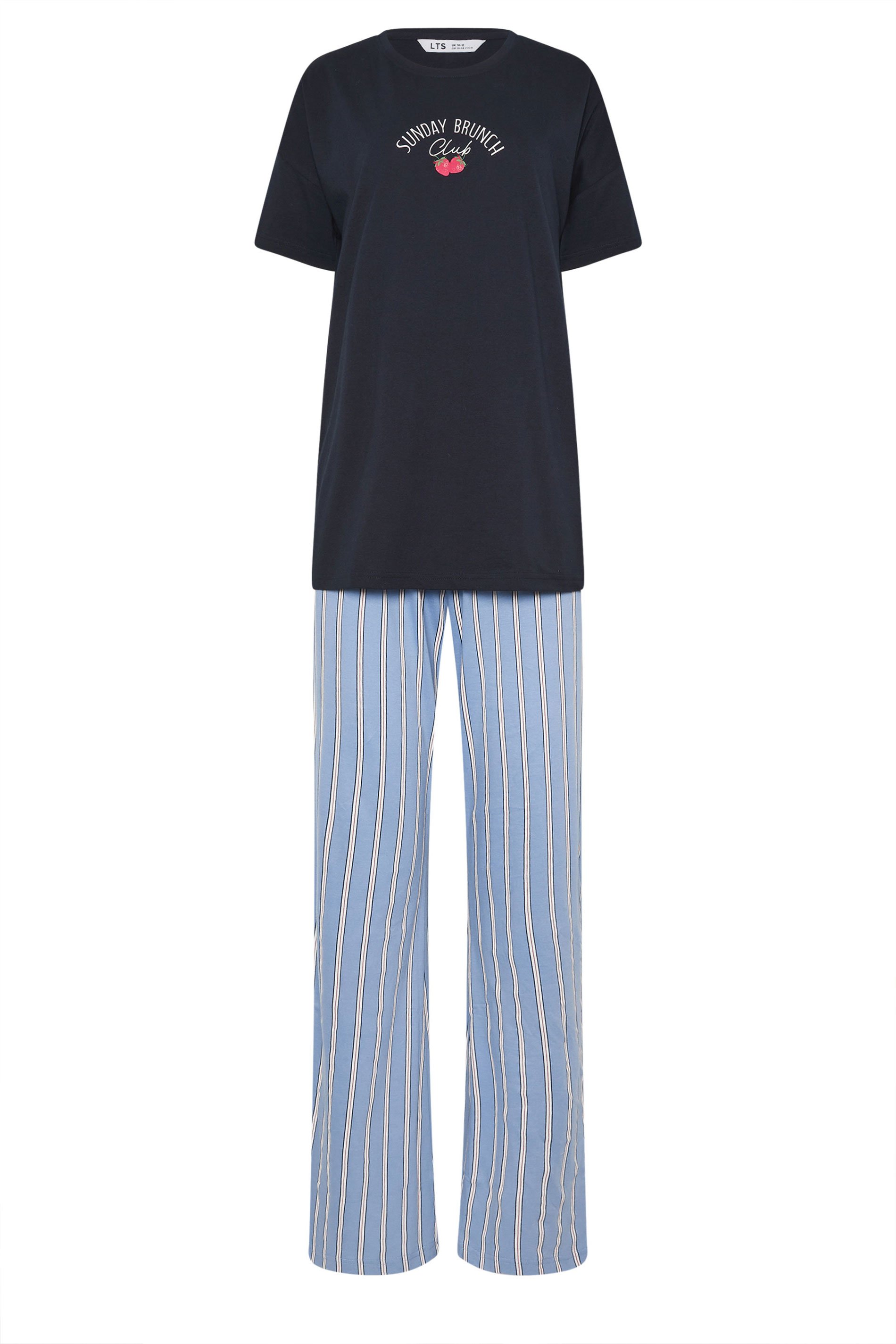 LTS Tall Women's Navy Blue 'Sunday Brunch' Slogan Striped Pyjama Set | Long Tall Sally 6