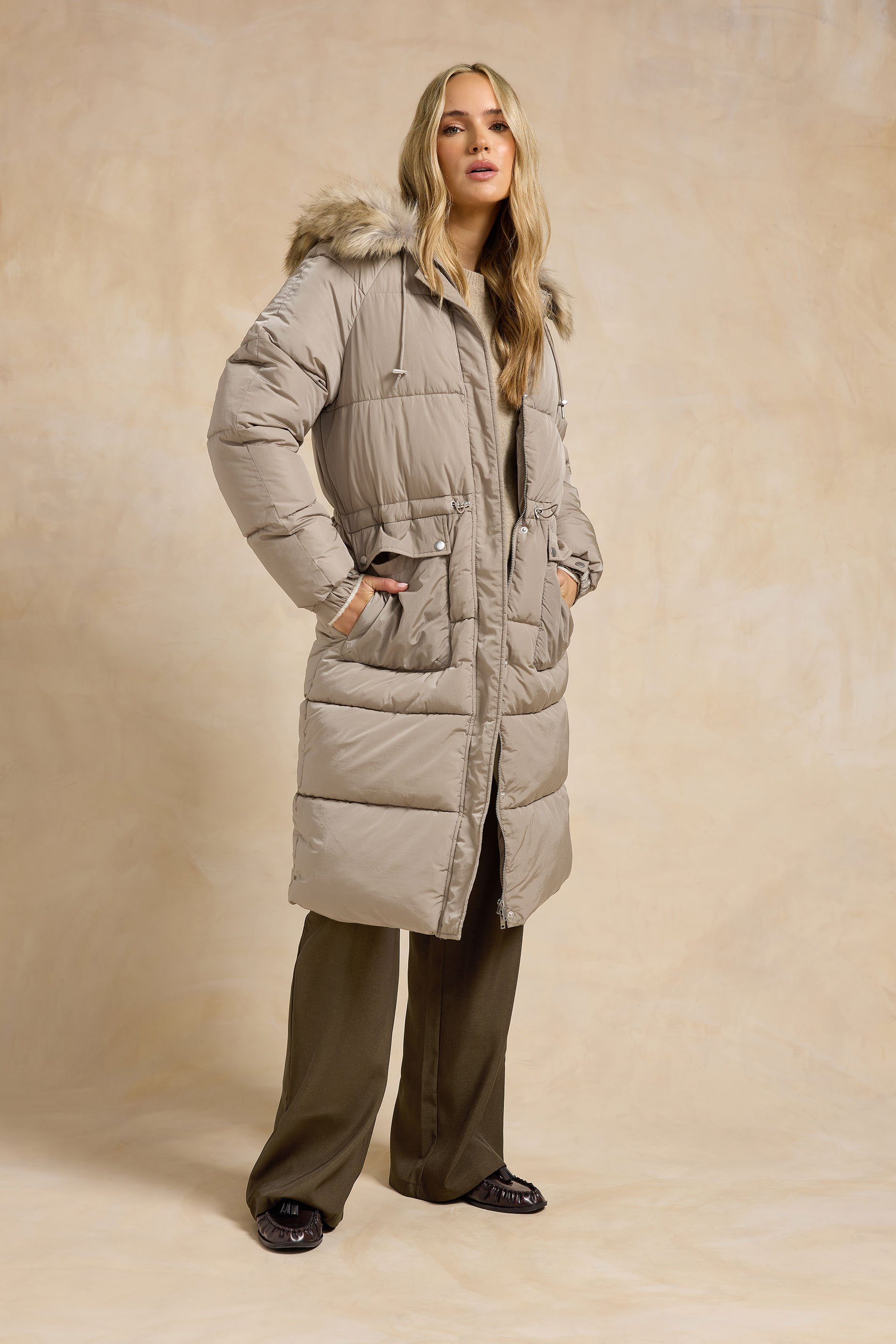 LTS Tall Natural Brown Padded Midi Coat | Long Tall Sally 1